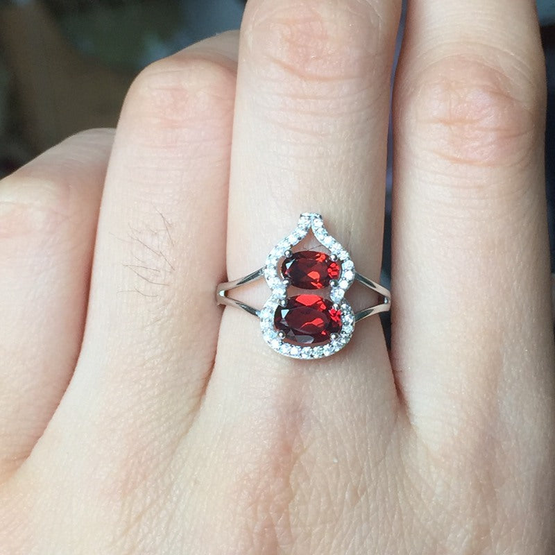 925 Silver Inlaid Natural Garnet Gourd Ring, High-Quality Garnet, January Birthstone, Adjustable Ring for Women, Engagement, Wedding, Valentine's Day, Mother's Day, Birthday Gift, Support Retail, Wholesale, Dropshipping, 20% Off