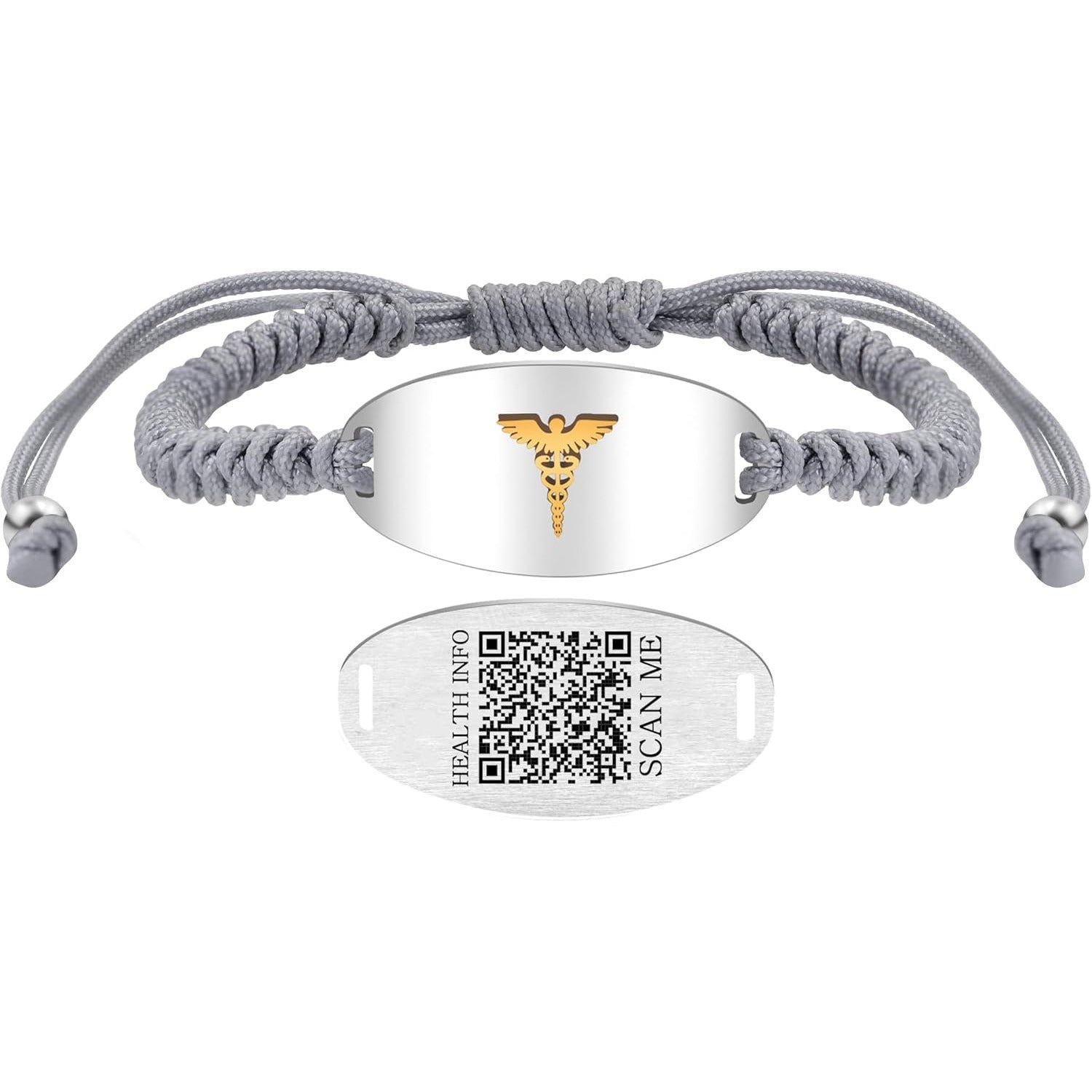 Adjustable Gray Braided Medical Alert Bracelet for Men Women, Dynamic QR Code or Custom Engraved ID Plate, Silver or Black Stainless Steel Emergency Contact Bracelet with Golden Medical Symbol