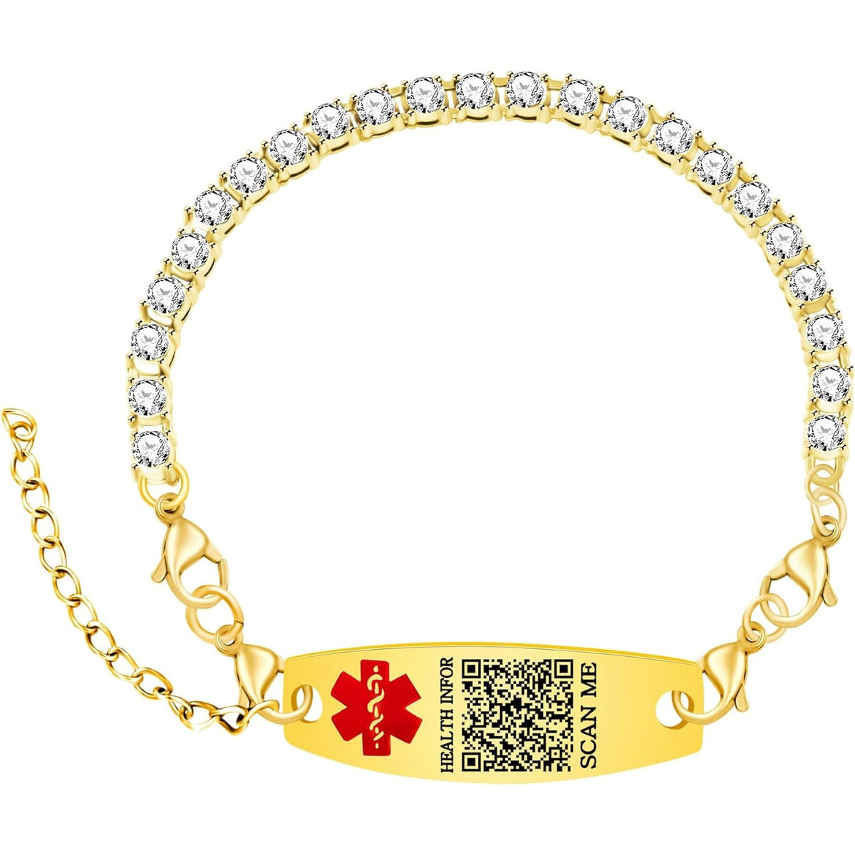 Editable QR Code Medical Alert Bracelet, 18K Gold Plated Stainless Steel Rhinestone Emergency ID Bracelet with Red Medical Symbol, Double Lobster Clasp, Scan to Update Health Info
