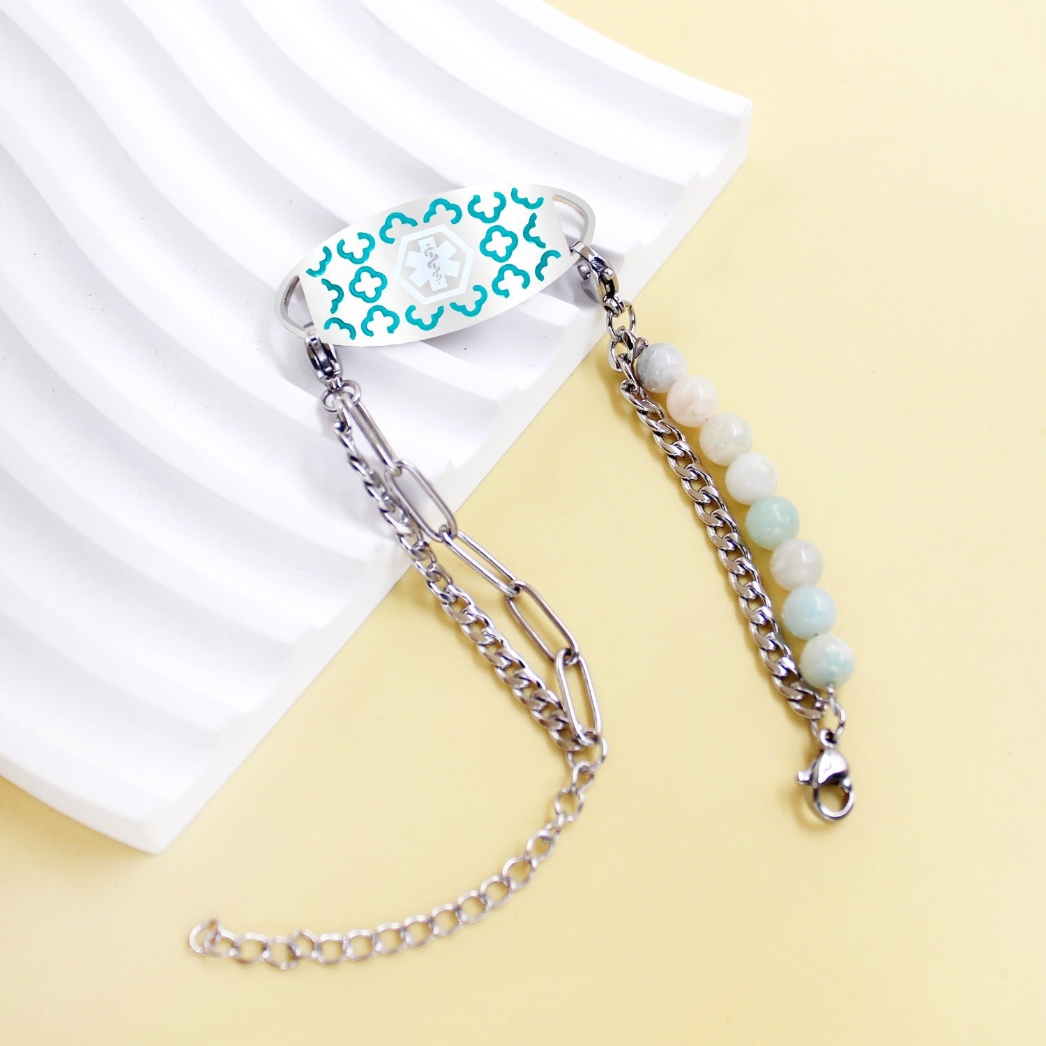 Women’s Dynamic QR Code Medical Alert Bracelet, Adjustable Amazonite Stone & Stainless Steel Medical ID Jewelry, Scan to Enter Emergency Information