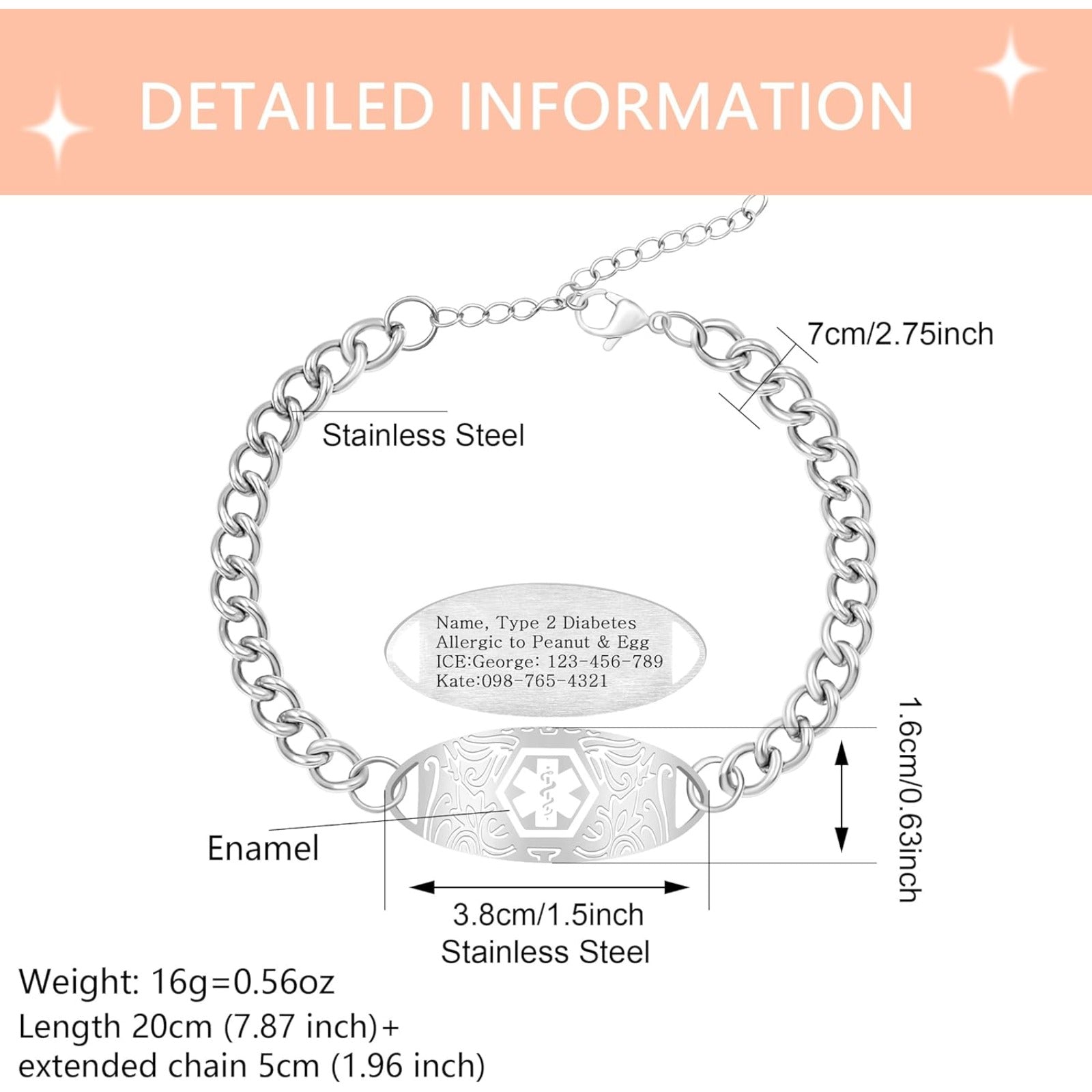 Uloveido Custom Medical ID Bracelet for Men Women | Personalized Engraved Stainless Steel Curb Link Chain Bracelet | Emergency Alert Health Information Jewelry Adjustable 20-25cm