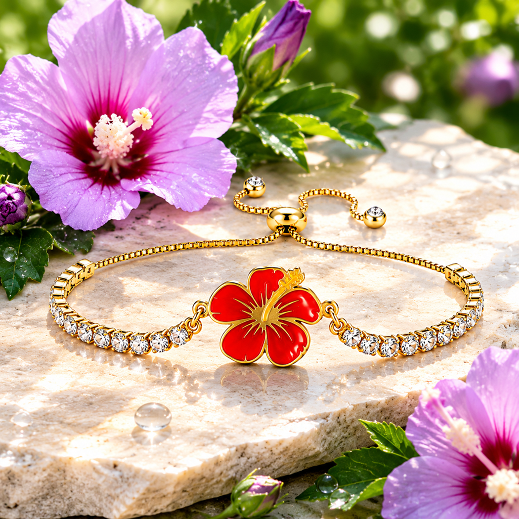 Hibiscus Flower Tennis Bracelet for Women | Gold Plated Stainless Steel Cubic Zirconia Adjustable Slide Clasp Bracelet | Red & Purple Enamel Floral Jewelry Gift
