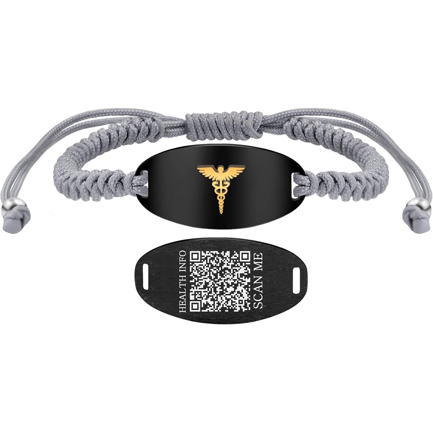 Adjustable Gray Braided Medical Alert Bracelet for Men Women, Dynamic QR Code or Custom Engraved ID Plate, Silver or Black Stainless Steel Emergency Contact Bracelet with Golden Medical Symbol