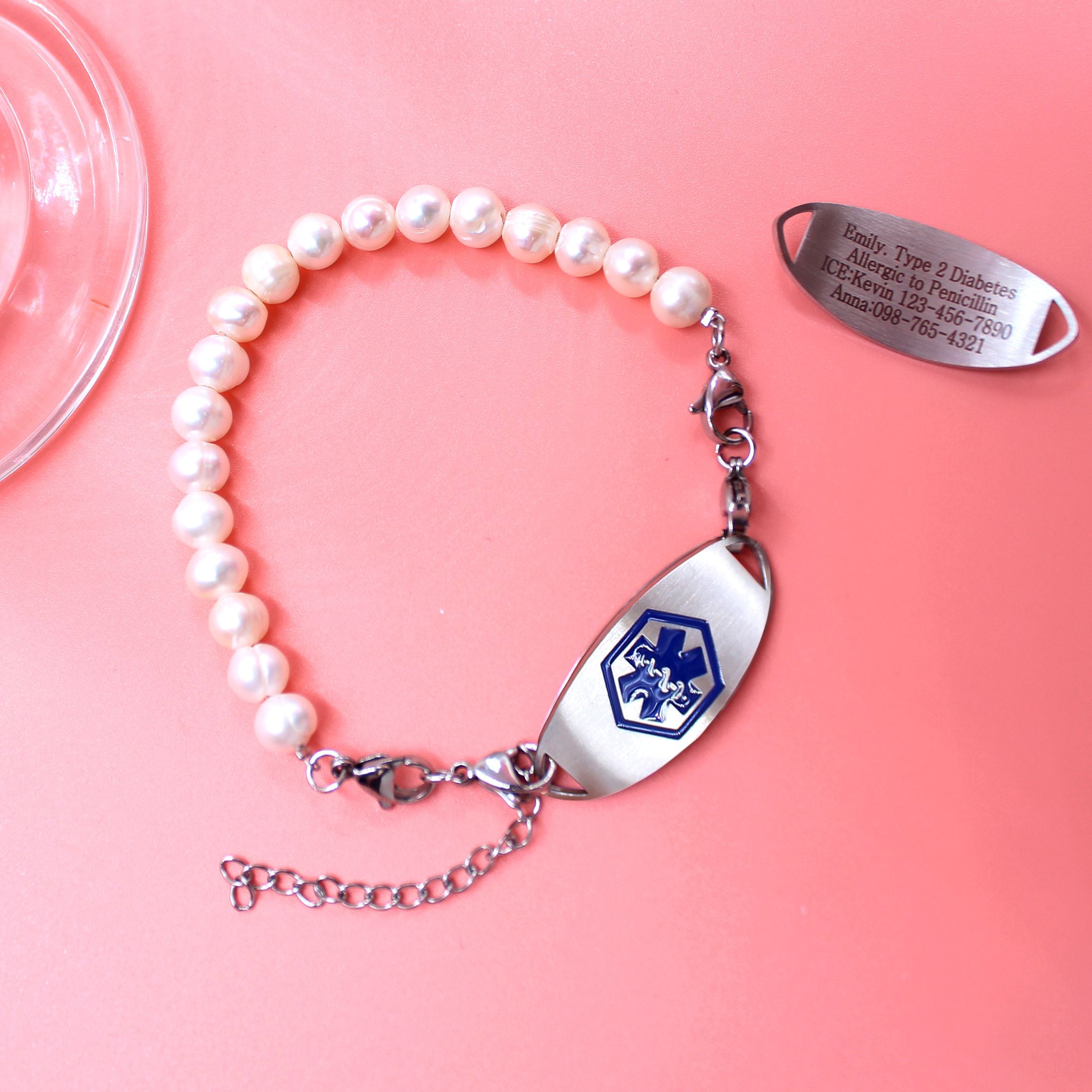 White Freshwater Pearl Double Layer QR Code Medical Alert Bracelet – Blue Medical ID Bracelet with Interchangeable Plate, Dual Lobster Clasp, Editable Dynamic QR Emergency Jewelry for Women YA6293