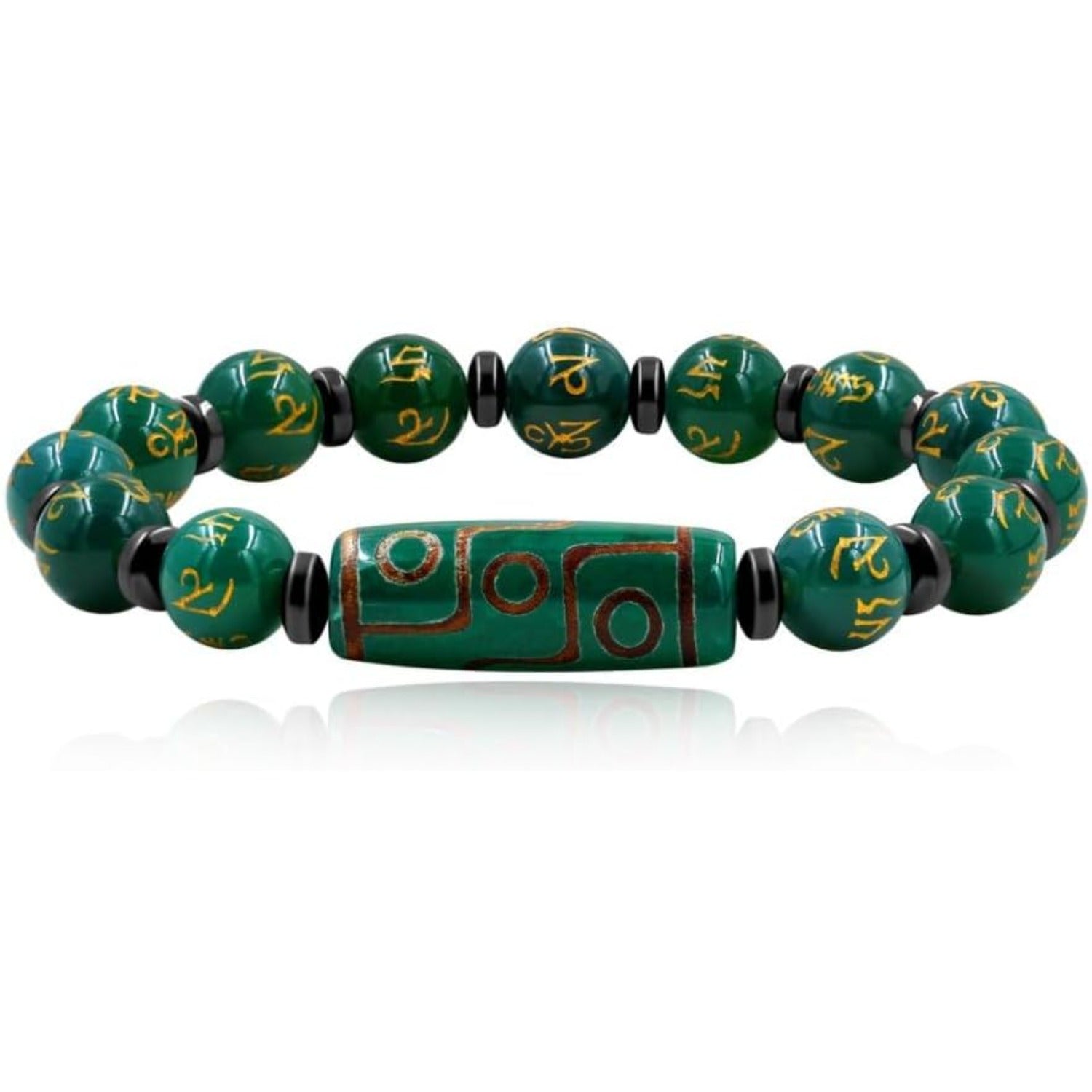 Nine Eyes Dzi Bead Bracelet with Tibetan Mantra Beads, Elastic Buddhist Beaded Bracelet for Men & Women, Green Red Brown Stone Stretch Bracelet for Meditation and Daily Wear