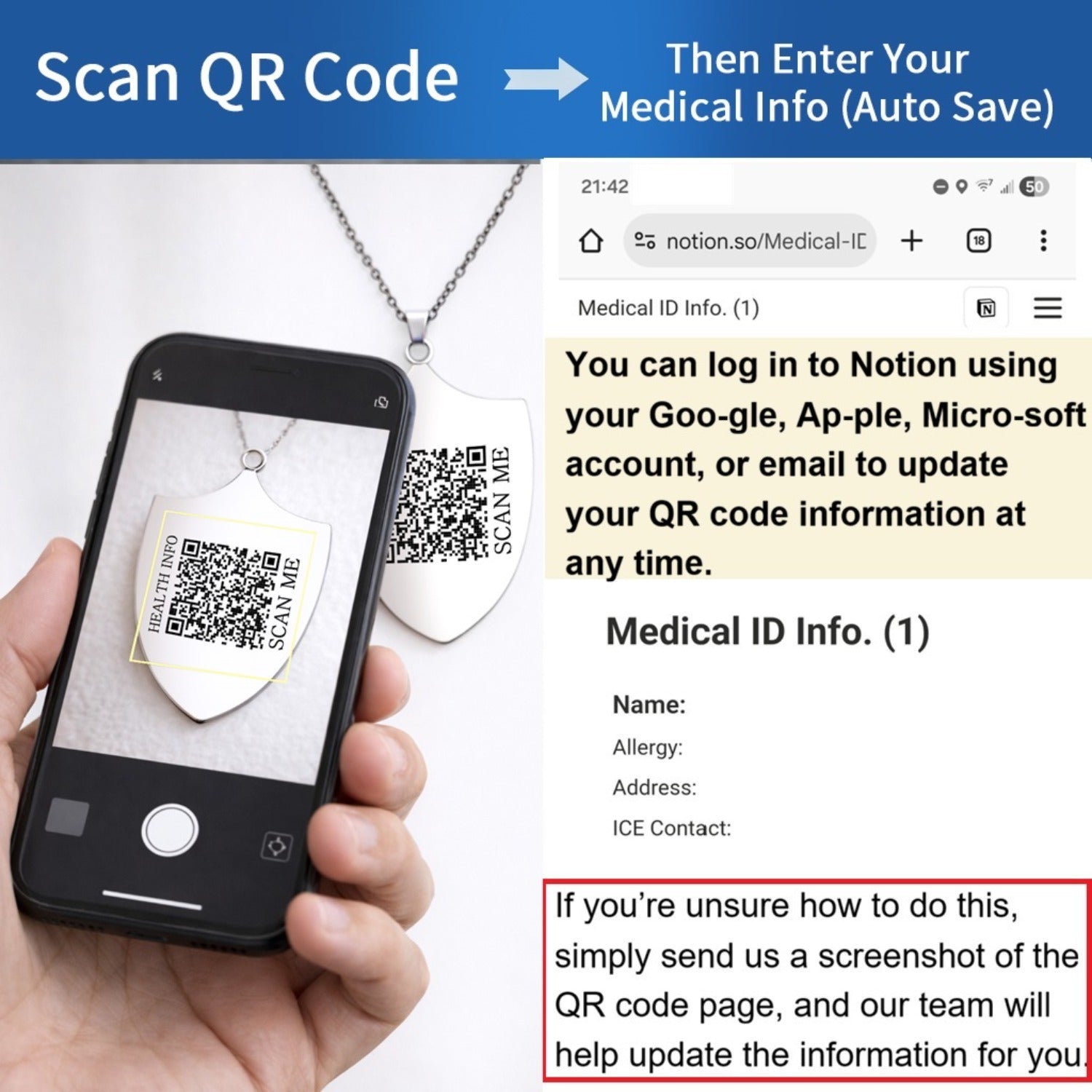 Uloveido Dynamic QR Code Medical Alert Necklace Shield Pendant, Stainless Steel Medical ID Jewelry for Men & Women, No Engraving Required, Scan to Update Emergency Medical Information, Red/Blue