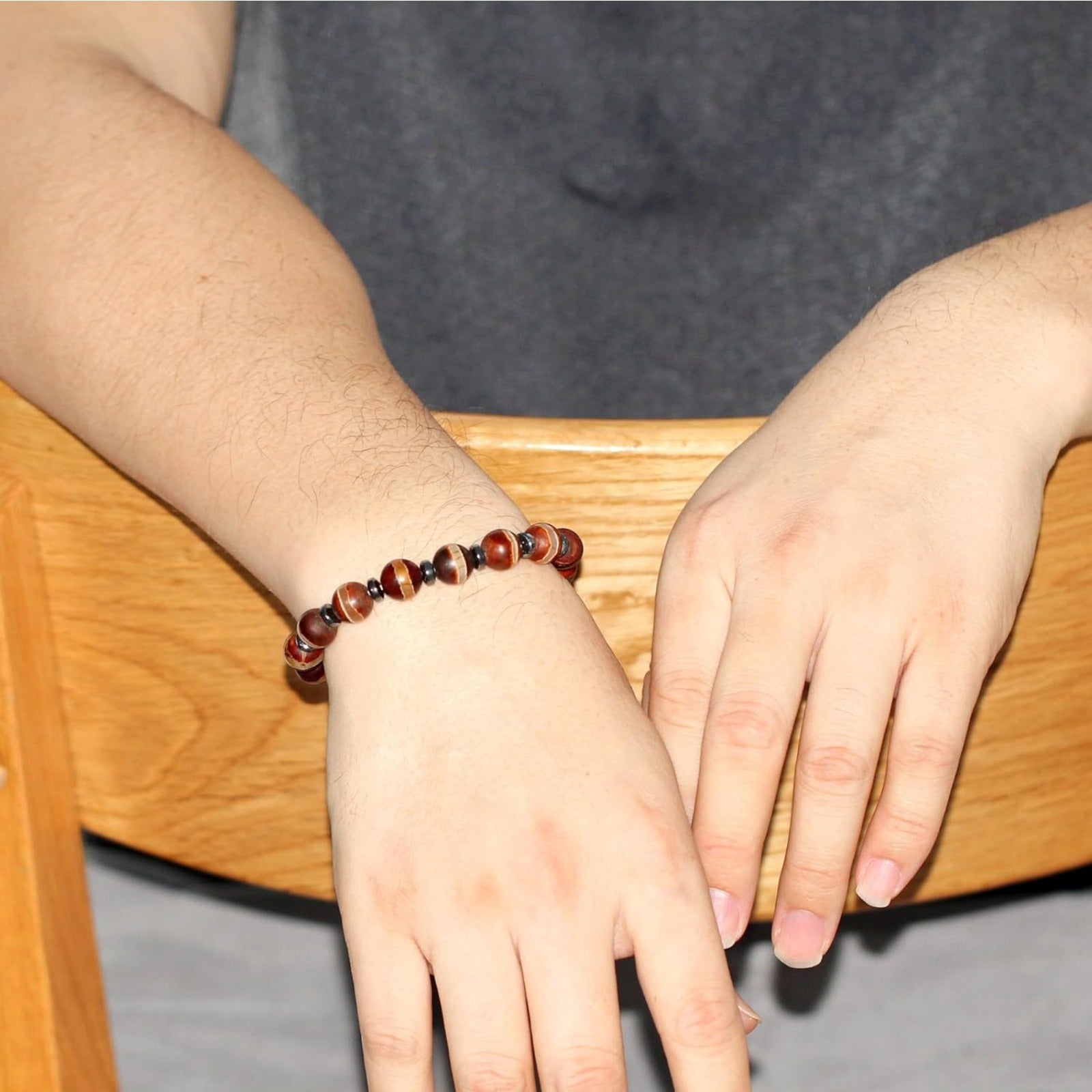 Dzi Bead Tibetan Bracelet for Men Women | Nine Eye Dzi Agate Beaded Bracelet with Hematite Spacers | Feng Shui Buddhist Meditation Amulet Adjustable Style Jewelry Brown Green Black YA5102