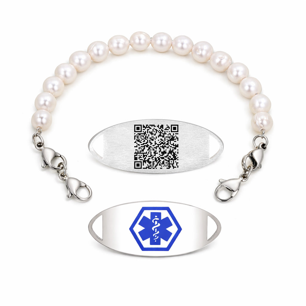 White Freshwater Pearl Double Layer QR Code Medical Alert Bracelet – Blue Medical ID Bracelet with Interchangeable Plate, Dual Lobster Clasp, Editable Dynamic QR Emergency Jewelry for Women YA6293