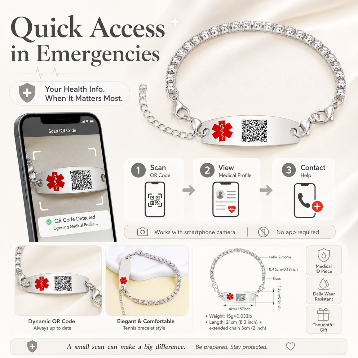 Uloveido Editable QR Code Medical Alert Tennis Bracelet for Women, Silver & Golded Color Options, Personalized Scannable Health ID Jewelry, Custom Emergency Info Wristband