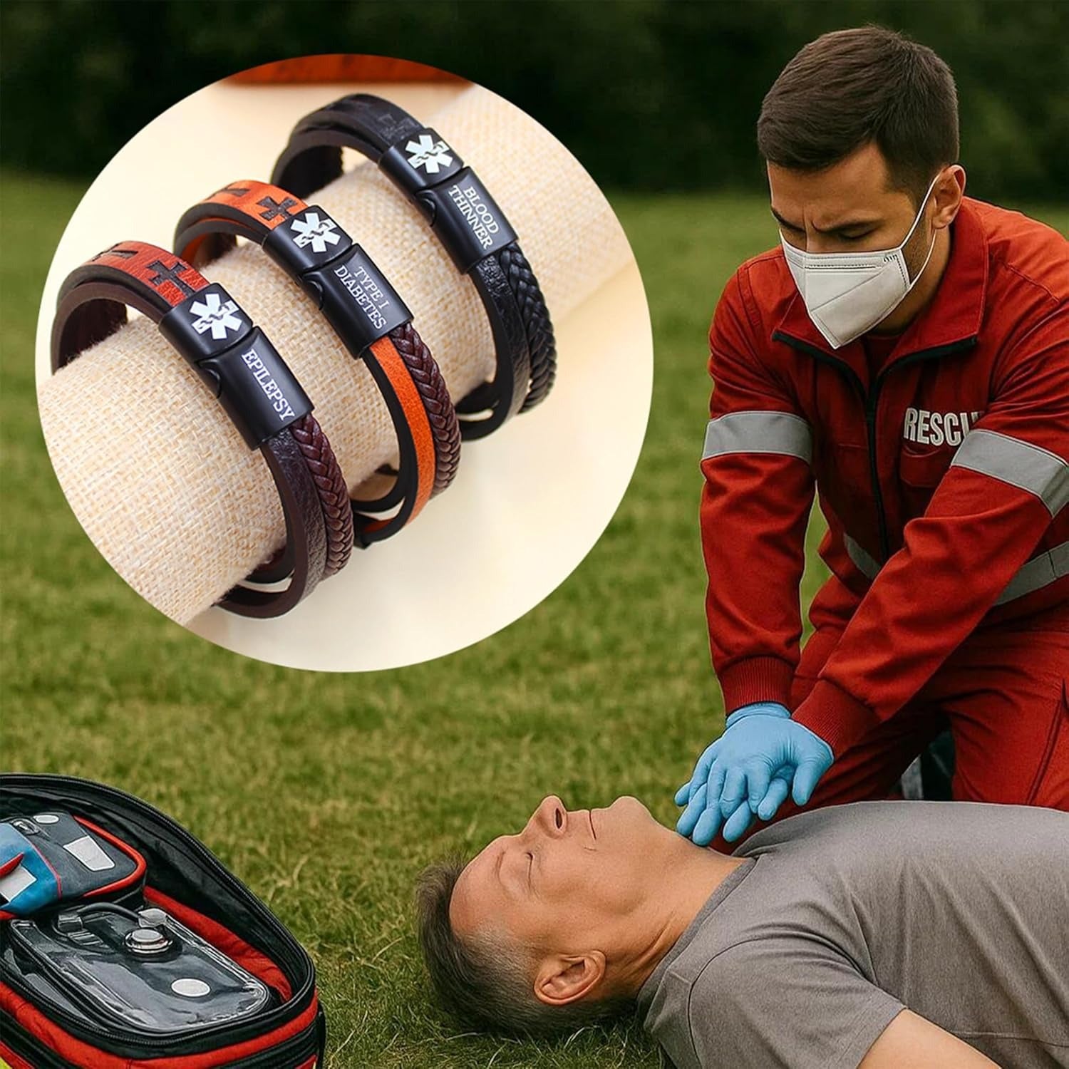 Dynamic QR Code Medical Alert Bracelet for Men Scan to Update Medical Info No Medical Info Needed at Checkout Braided PU Leather Cross Emergency ID Bracelet Waterproof Lightweight for Outdoor Sports Daily Wear