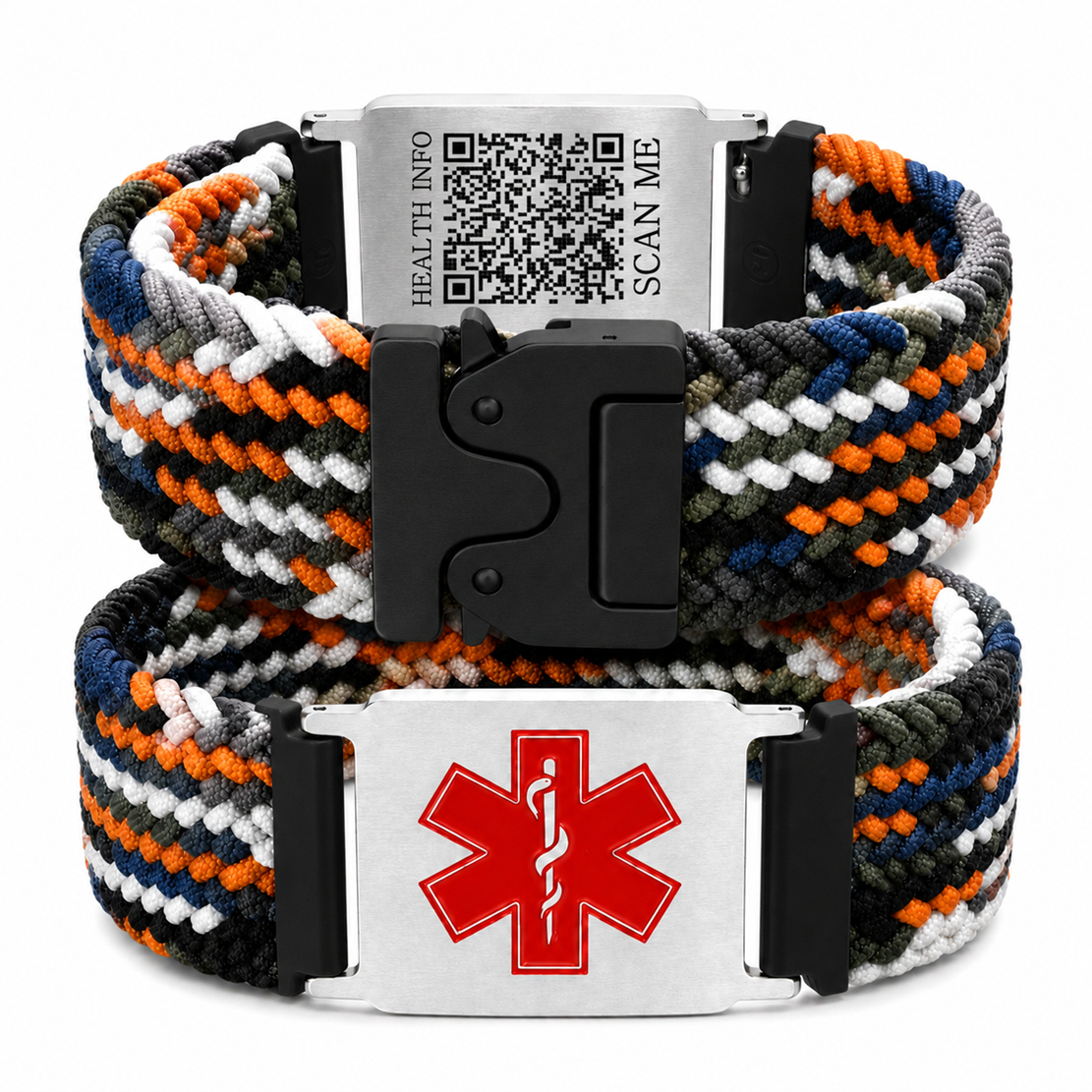 Uloveido Personalized Nylon Medical ID Bracelet with Laser-Engraved Medical Alert Tag and Dynamic QR Code, Braided Elastic Watch Band with Secure Parachute-Style Buckle, 20mm Adjustable for Men