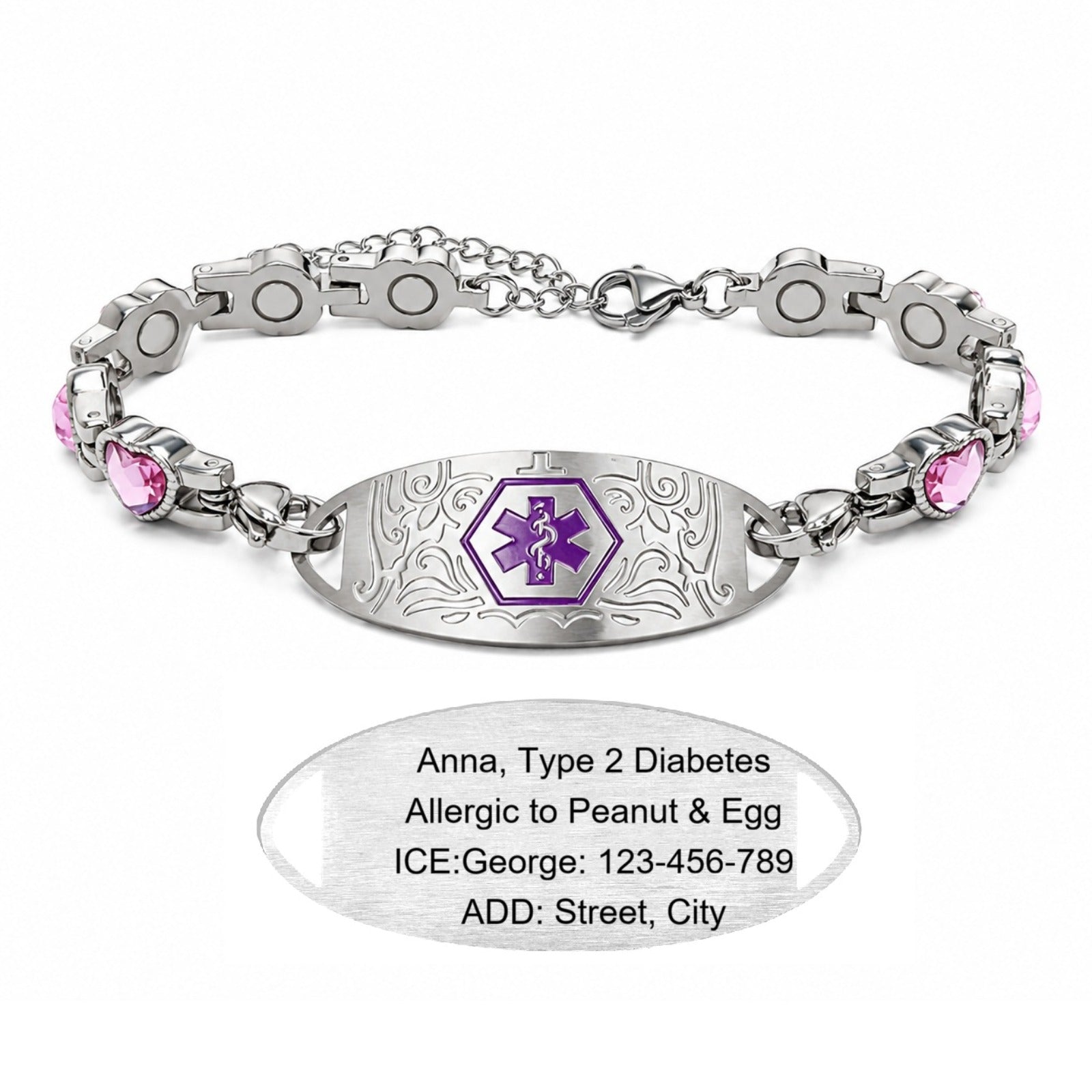 Custom Stainless Steel Medical Alert Bracelet QR Code ID Bracelet for Women Men Adjustable Engraved Emergency Jewelry with Cubic Zirconia Charm