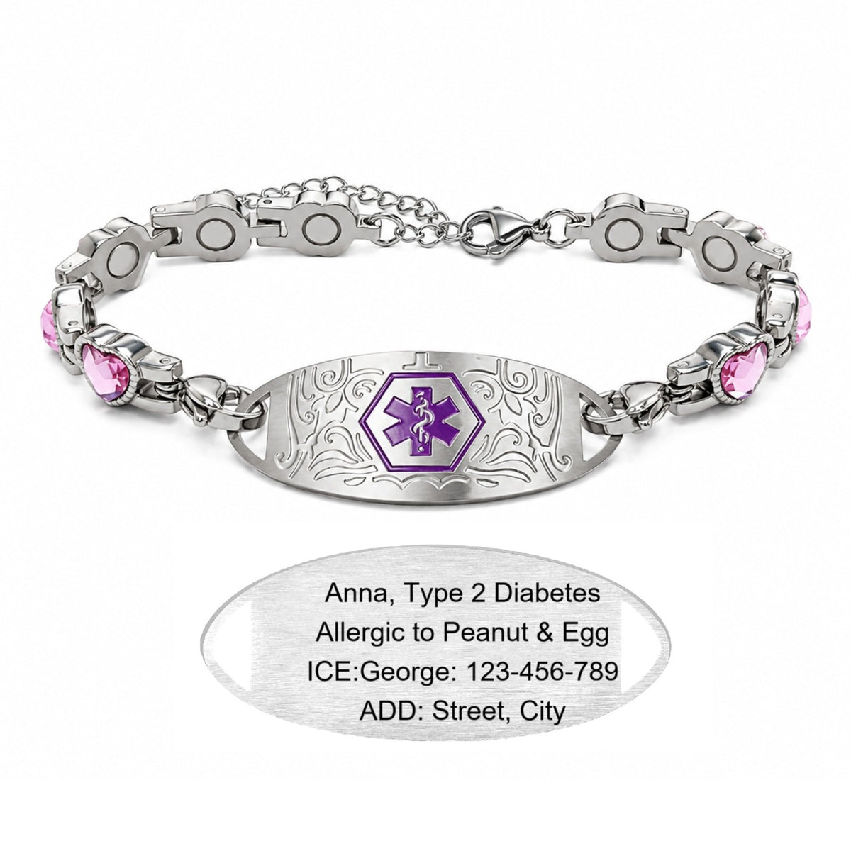 Custom Stainless Steel Medical Alert Bracelet QR Code ID Bracelet for Women Men Adjustable Engraved Emergency Jewelry with Cubic Zirconia Charm