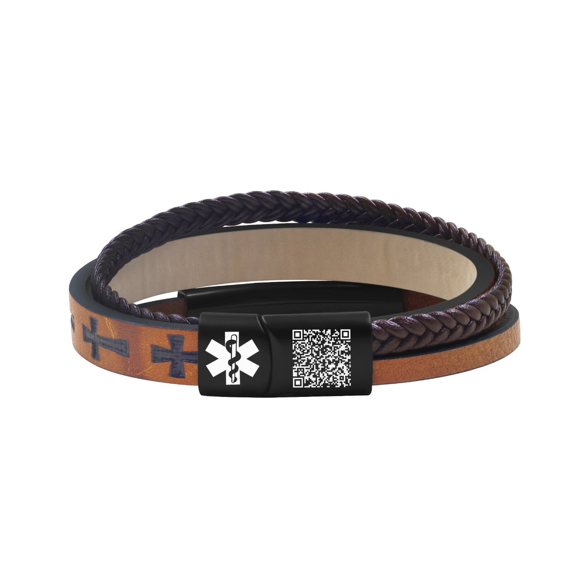 Dynamic QR Code Medical Alert Bracelet for Men Scan to Update Medical Info No Medical Info Needed at Checkout Braided PU Leather Cross Emergency ID Bracelet Waterproof Lightweight for Outdoor Sports Daily Wear