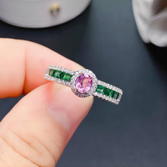 Uloveido Natural 4*5mm Pink & Green Papalacha Sterling Silver Ring for Women, Adjustable, Gemstone Birthday Jewelry Gift