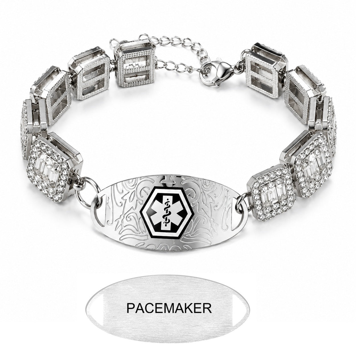 Rhinestone Medical ID Bracelet for Women, Luxury Square Link Chain Bracelet with Stainless Steel ID Plate, Custom Engraving or QR Code Emergency Information Jewelry, Adjustable Safety Bracelet
