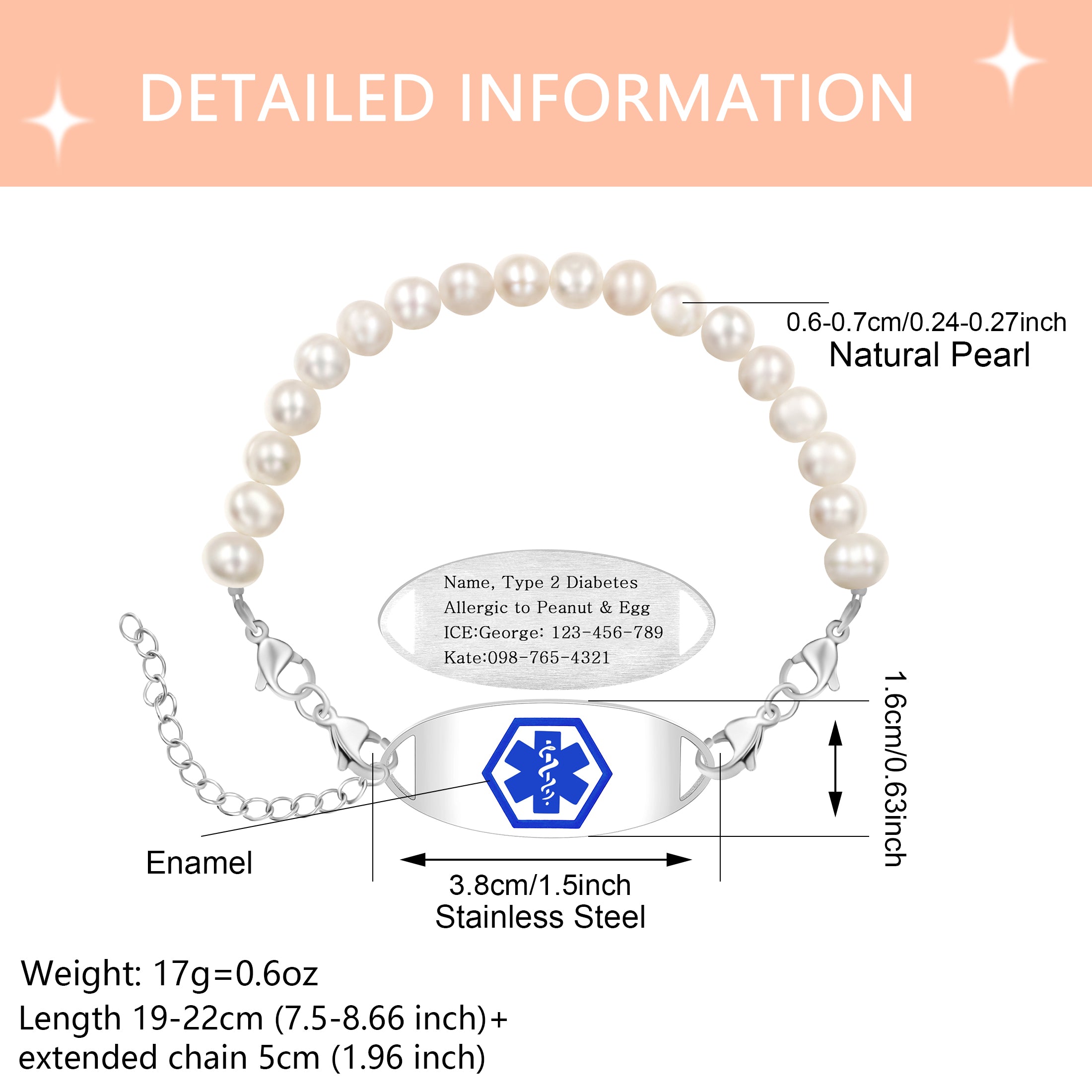 White Freshwater Pearl Double Layer QR Code Medical Alert Bracelet – Blue Medical ID Bracelet with Interchangeable Plate, Dual Lobster Clasp, Editable Dynamic QR Emergency Jewelry for Women YA6293