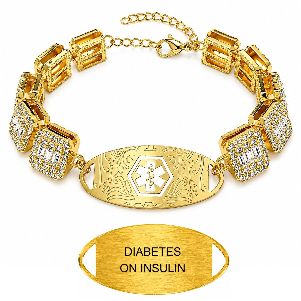 Rhinestone Medical ID Bracelet for Women, Luxury Square Link Chain Bracelet with Stainless Steel ID Plate, Custom Engraving or QR Code Emergency Information Jewelry, Adjustable Safety Bracelet
