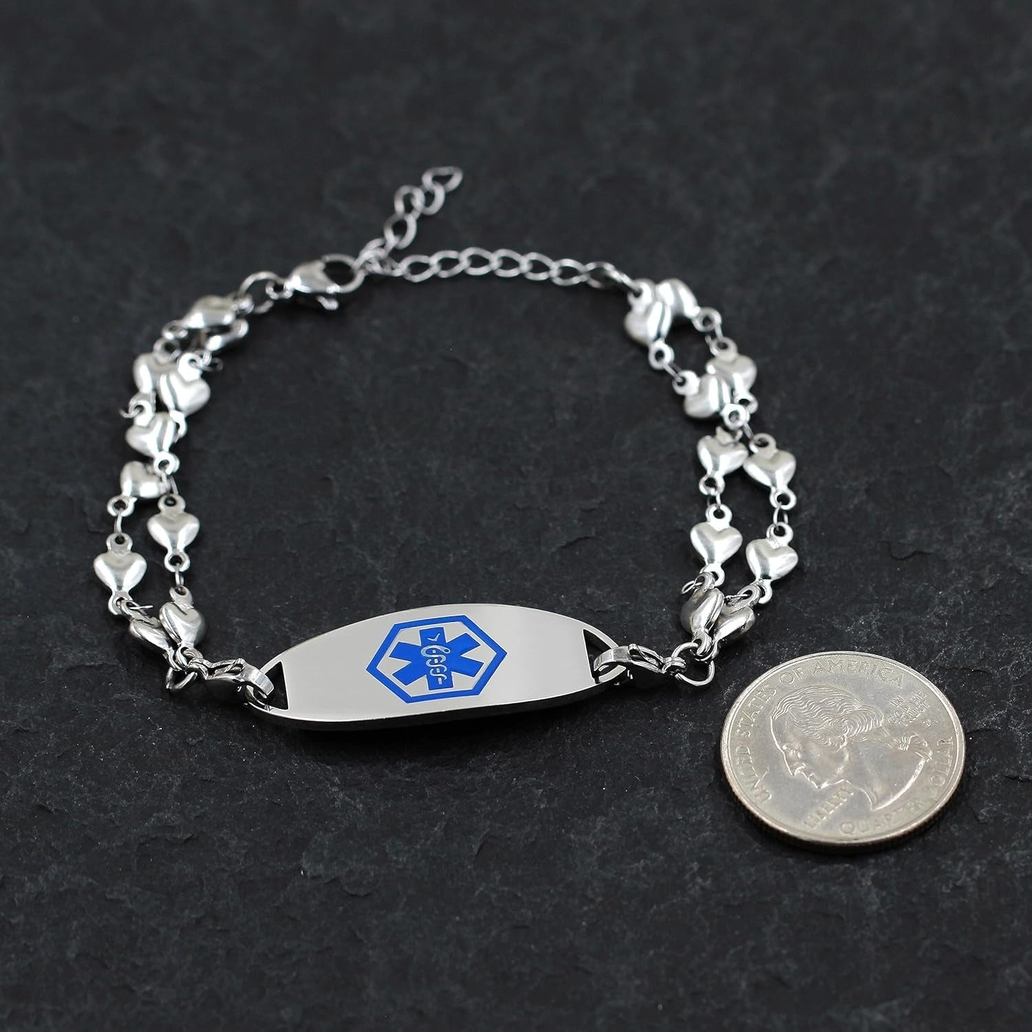 Double Layer Heart Link Medical Alert Bracelet, Stainless Steel with Dynamic QR Code – No Pre-Order Info Needed, Dual Lobster Clasps, Interchangeable ID Tag, Fashion Emergency Health Bracelet
