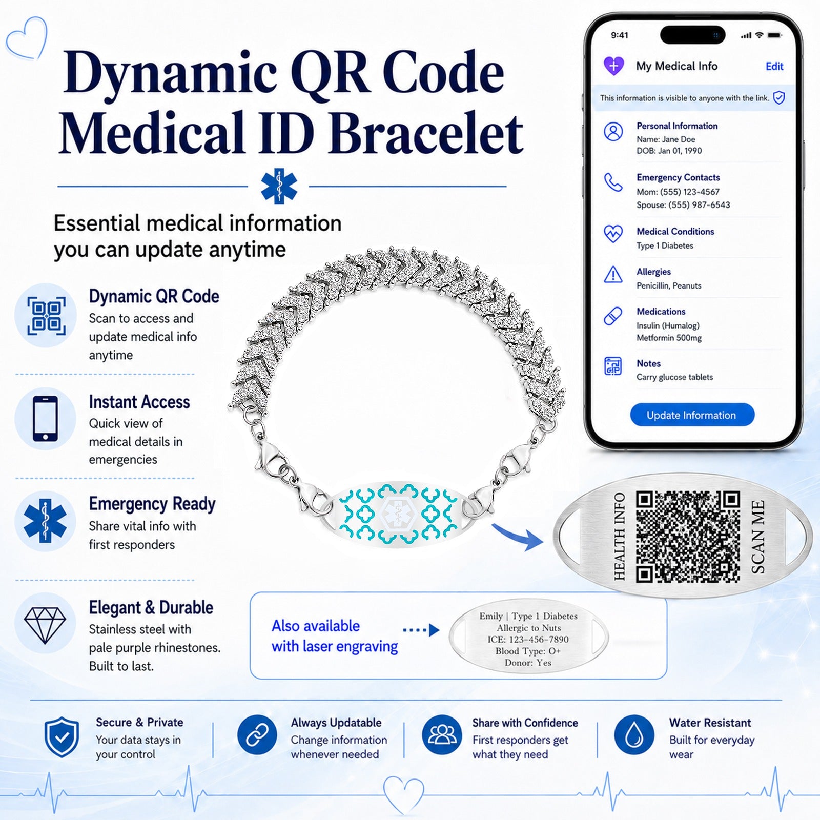 Medical Alert Tennis Bracelet for Women, Stainless Steel Emergency ID Bracelet, Adjustable Rhinestone Chain ID Jewelry for Allergies Diabetes Safety