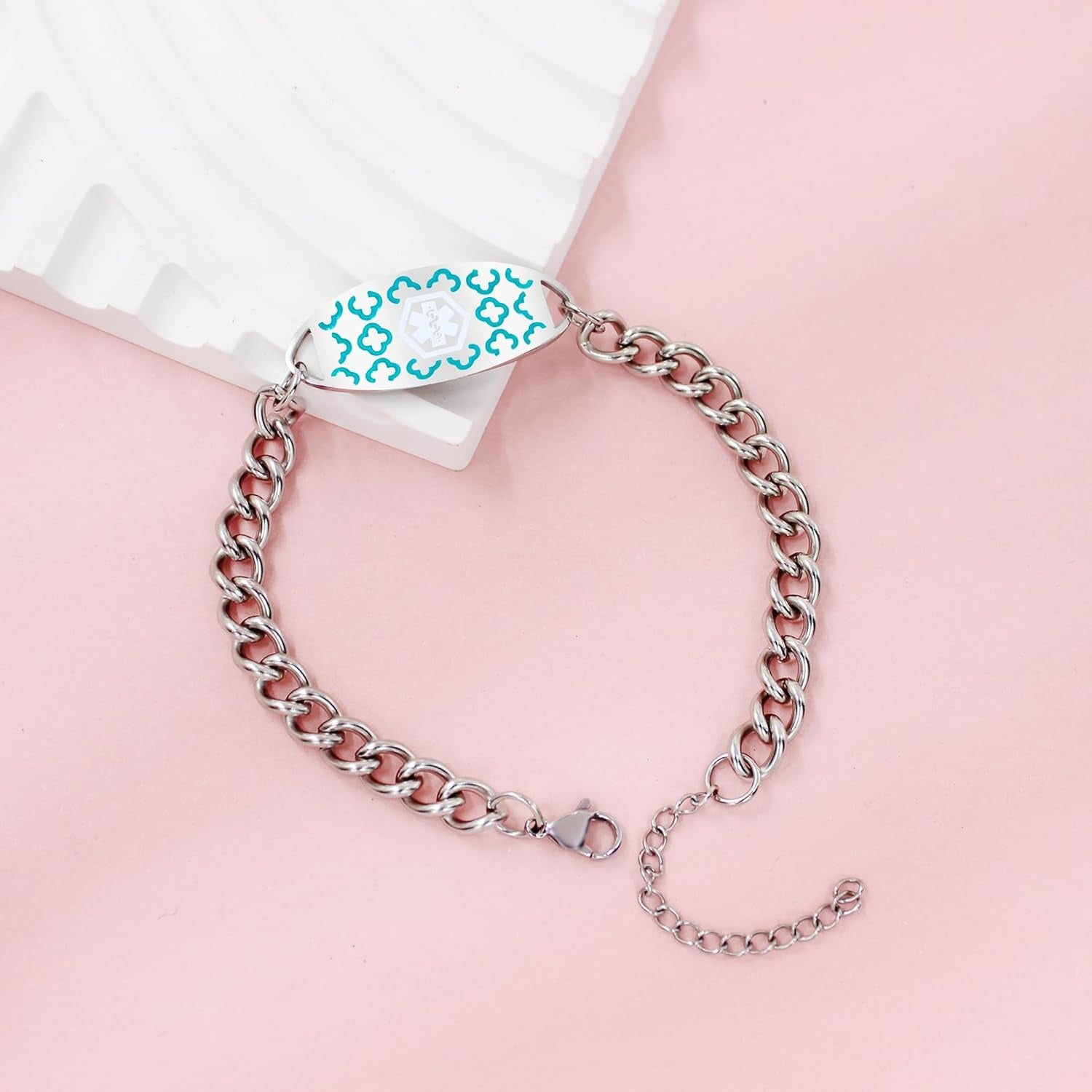 Dynamic QR Code Medical Alert Bracelet for Women, Teal Stainless Steel Medical ID Bracelet, Scan to Update Medical Information, No Engraving Required, Adjustable Emergency Medical Jewelry