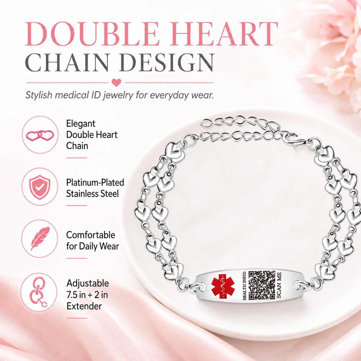 Uloveido Heart Medical ID Bracelet for Women, Double Chain Stainless Steel Emergency Info Wristband, Dynamic QR Code or Personalized Engraving, Adjustable Safety Jewelry for Daily Wear