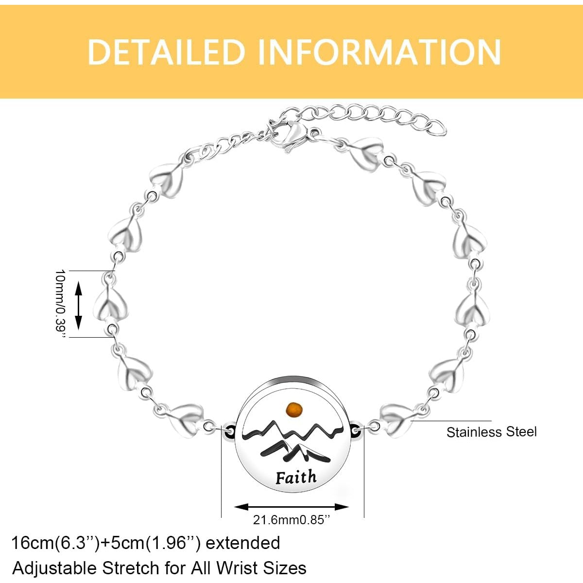 Mustard Seed Stainless Steel Faith Heart Link Bracelet for Women | Christian Religious Blessing Encouragement Jewelry Christmas Gift