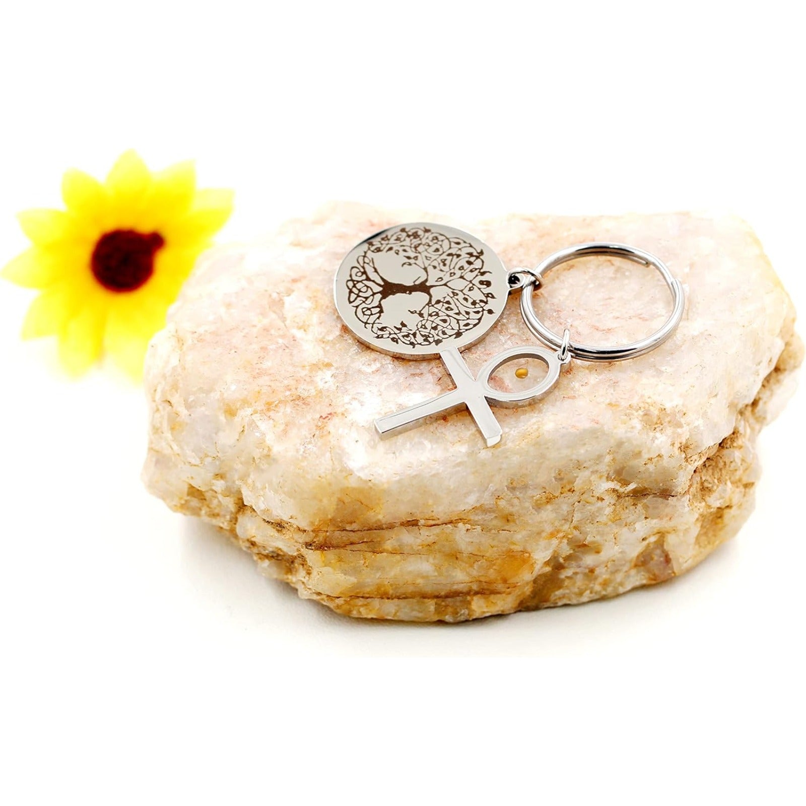 Stainless Steel Tree of Life Mustard Seed Keychain, Christian Faith Key Ring with Real Mustard Seed Charm, Inspirational Family Tree Keychain Gift for Women Men Y764