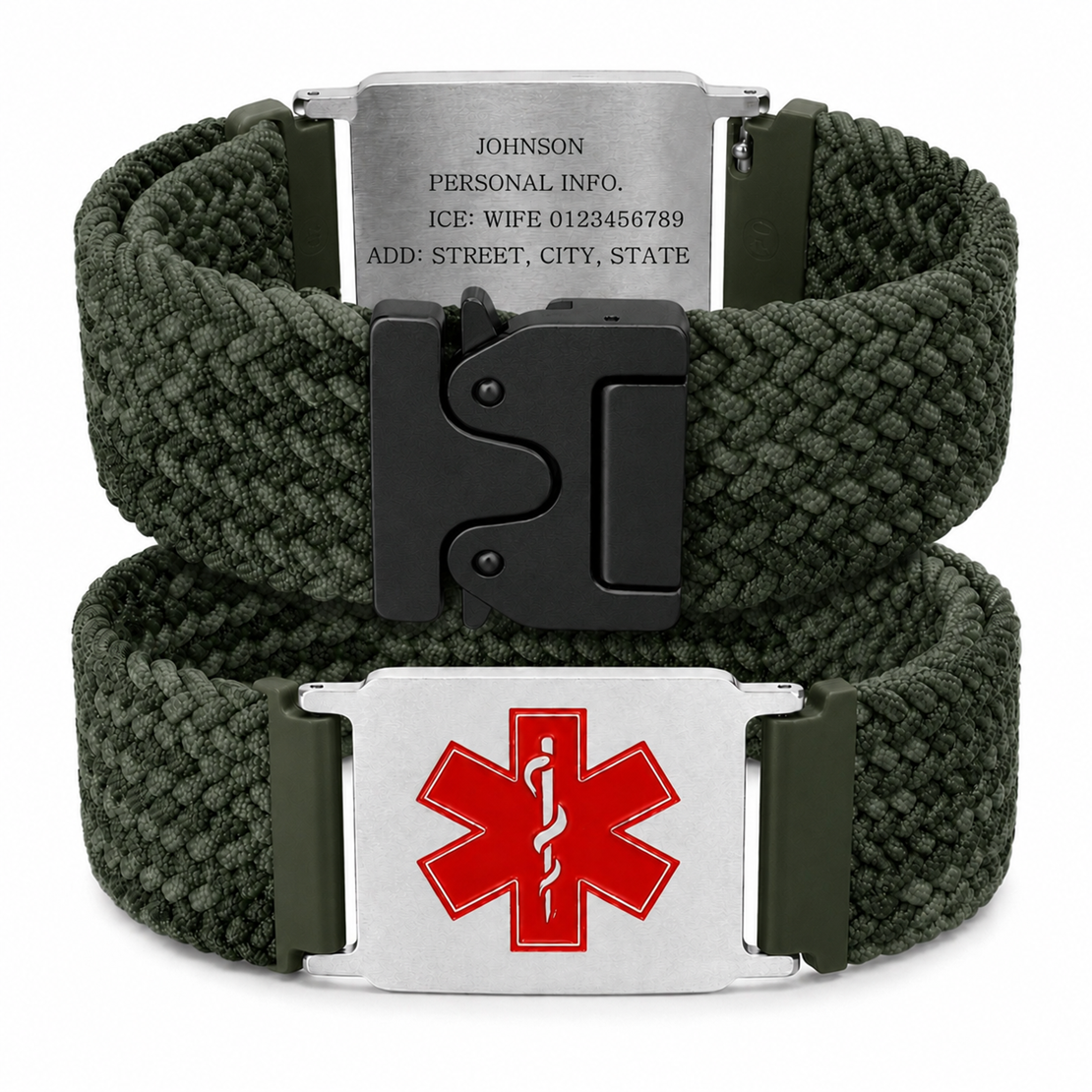 Uloveido Personalized Nylon Medical ID Bracelet with Laser-Engraved Medical Alert Tag and Dynamic QR Code, Braided Elastic Watch Band with Secure Parachute-Style Buckle, 20mm Adjustable for Men