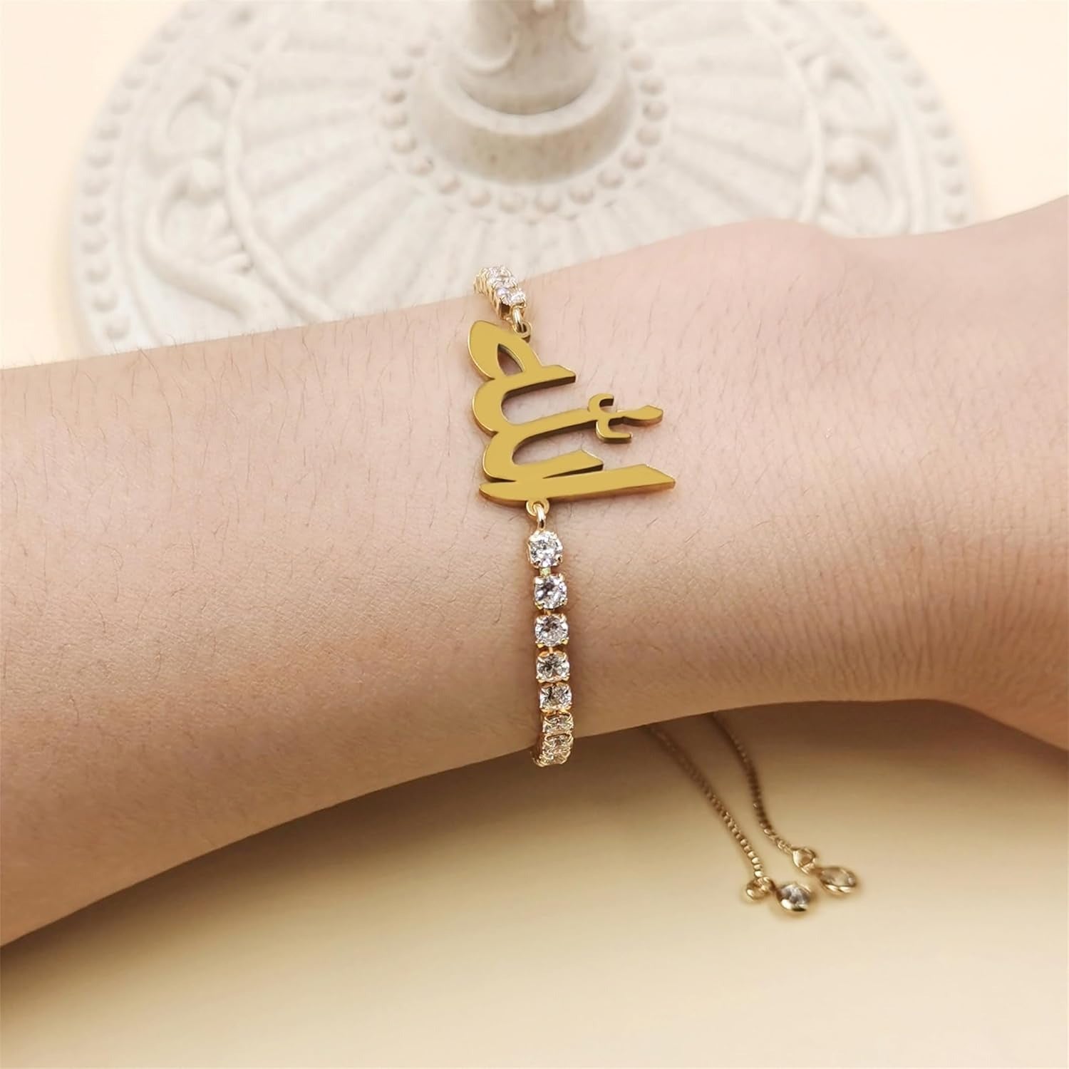 Arabic Allah Script Cubic Zirconia Tennis Bracelet for Women Stainless Steel Adjustable Islamic Faith Jewelry Sparkling Muslim Bracelet Elegant Religious Gift for Mom Wife Sister Daughter Ramadan Eid