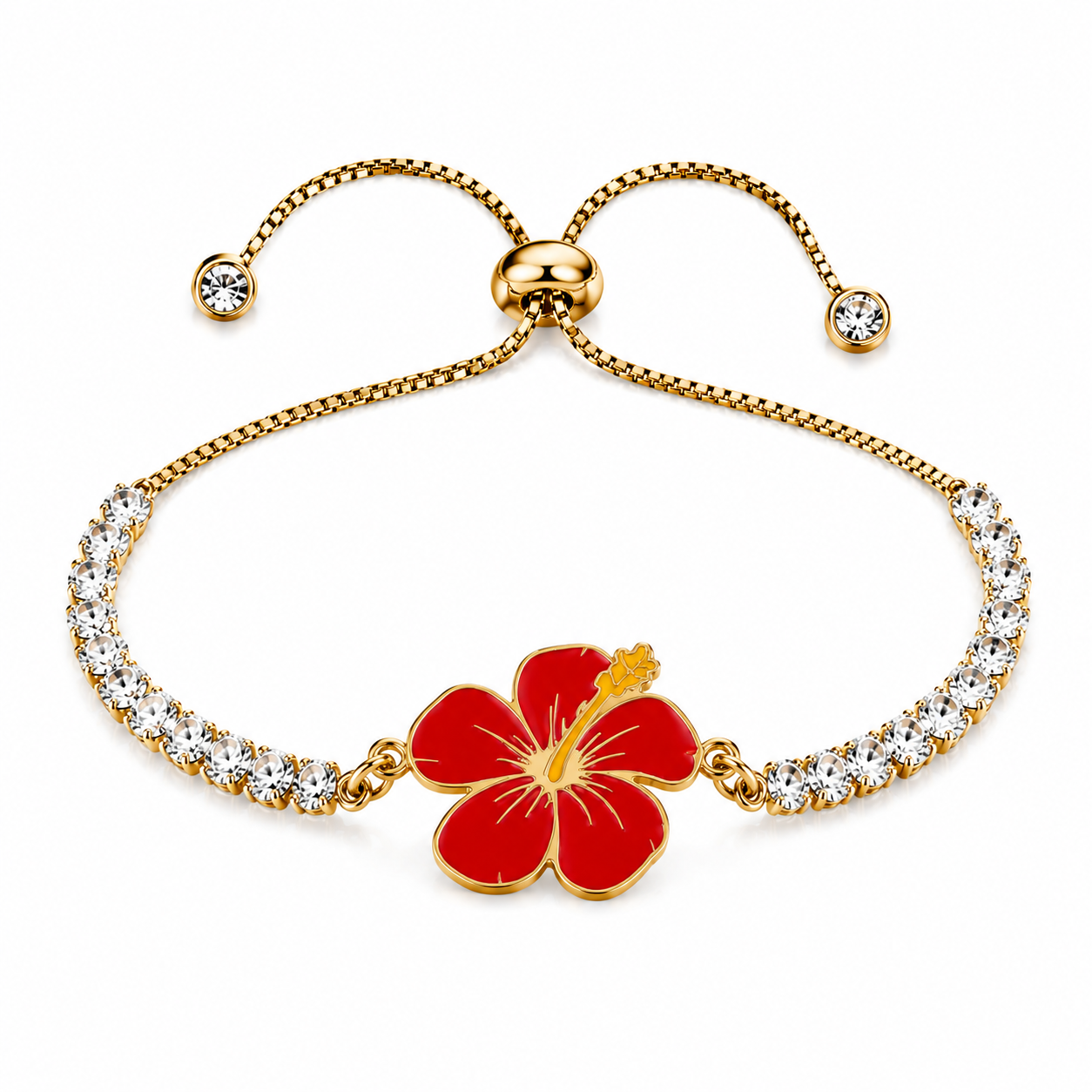 Hibiscus Flower Tennis Bracelet for Women | Gold Plated Stainless Steel Cubic Zirconia Adjustable Slide Clasp Bracelet | Red & Purple Enamel Floral Jewelry Gift