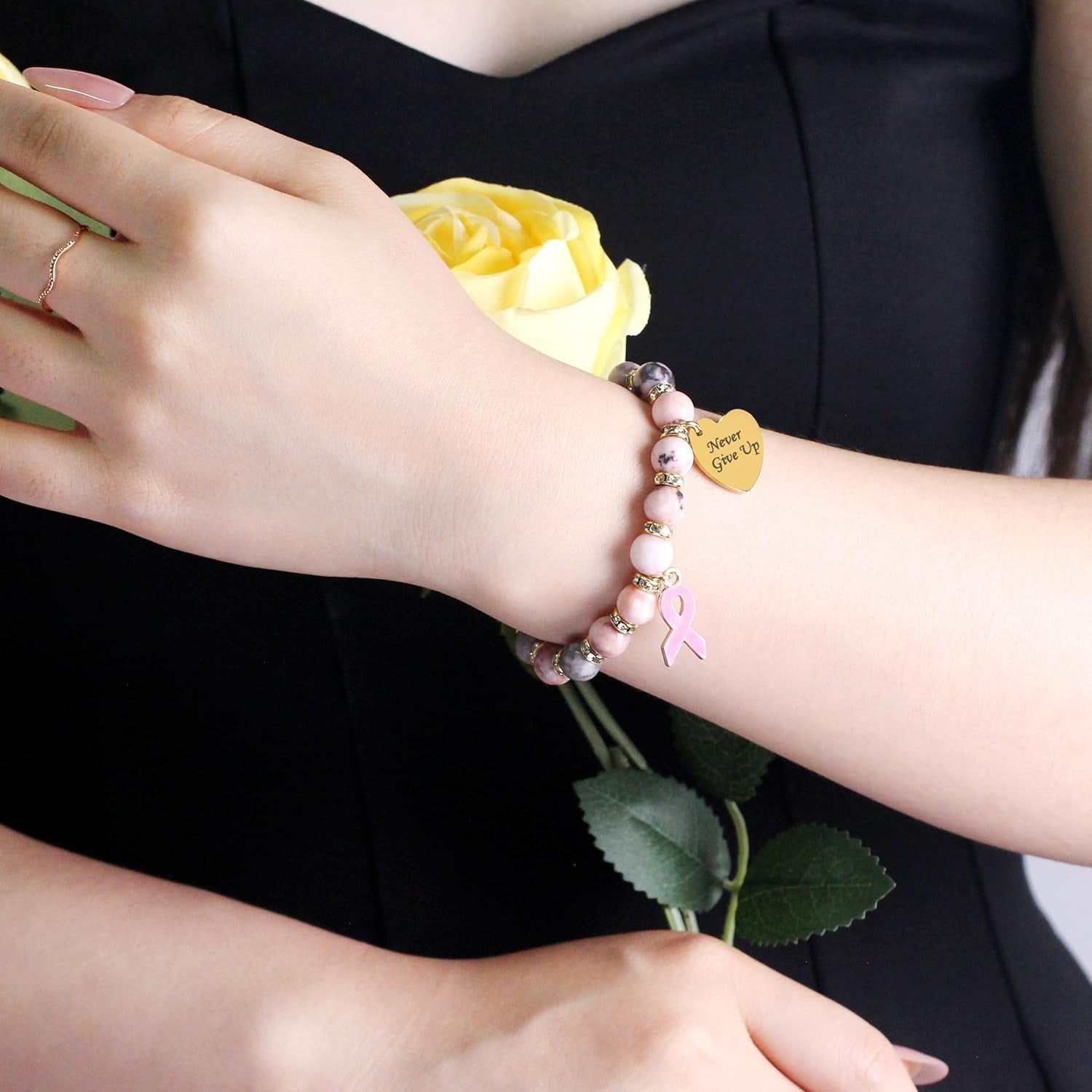 Pink Zebra Jasper Breast Cancer Awareness Bracelet – Never Give Up Heart Charm & Pink Ribbon, Stretch Beaded Natural Stone Bracelet for Women, Inspirational Cancer Support Jewelry Gift