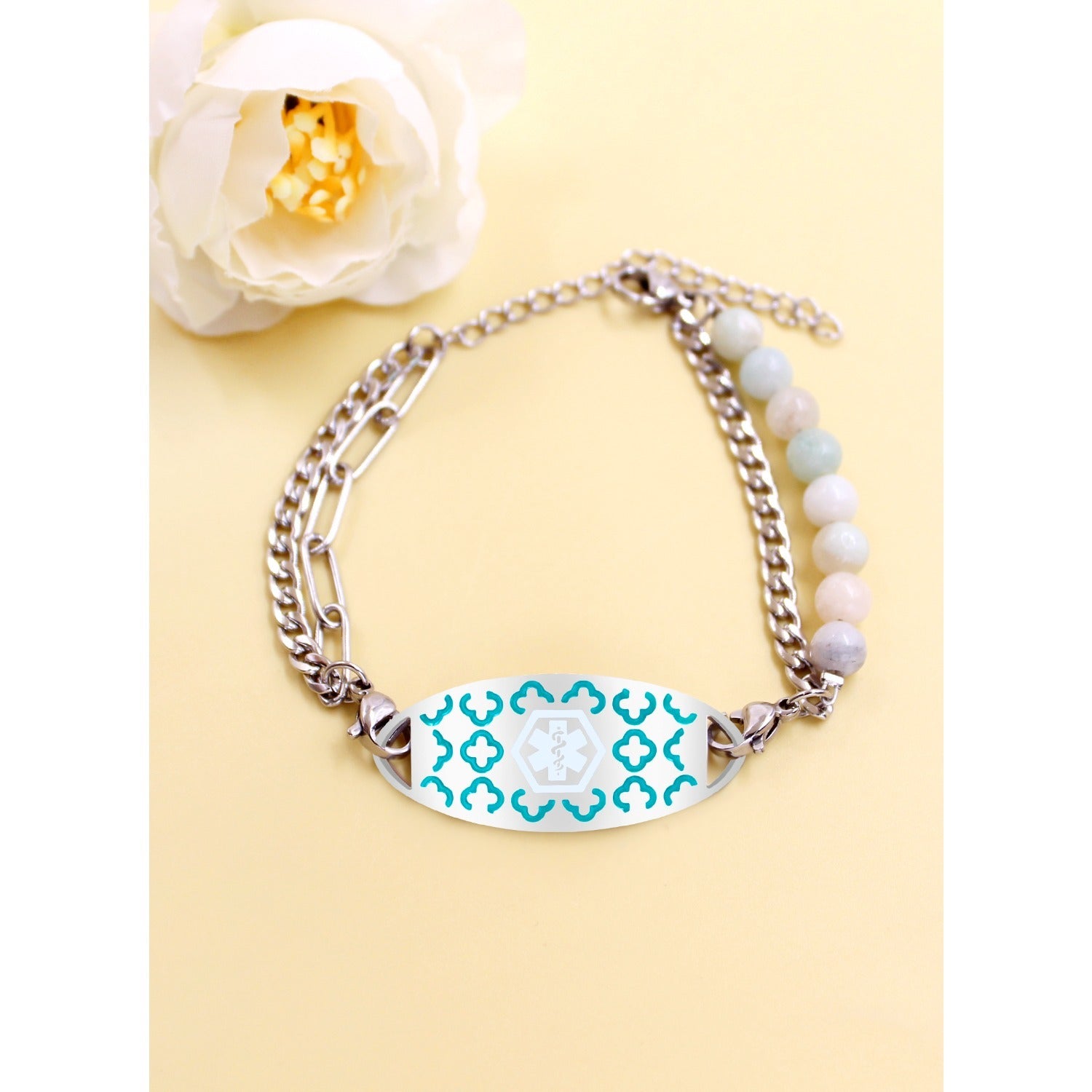 Women’s Dynamic QR Code Medical Alert Bracelet, Adjustable Amazonite Stone & Stainless Steel Medical ID Jewelry, Scan to Enter Emergency Information