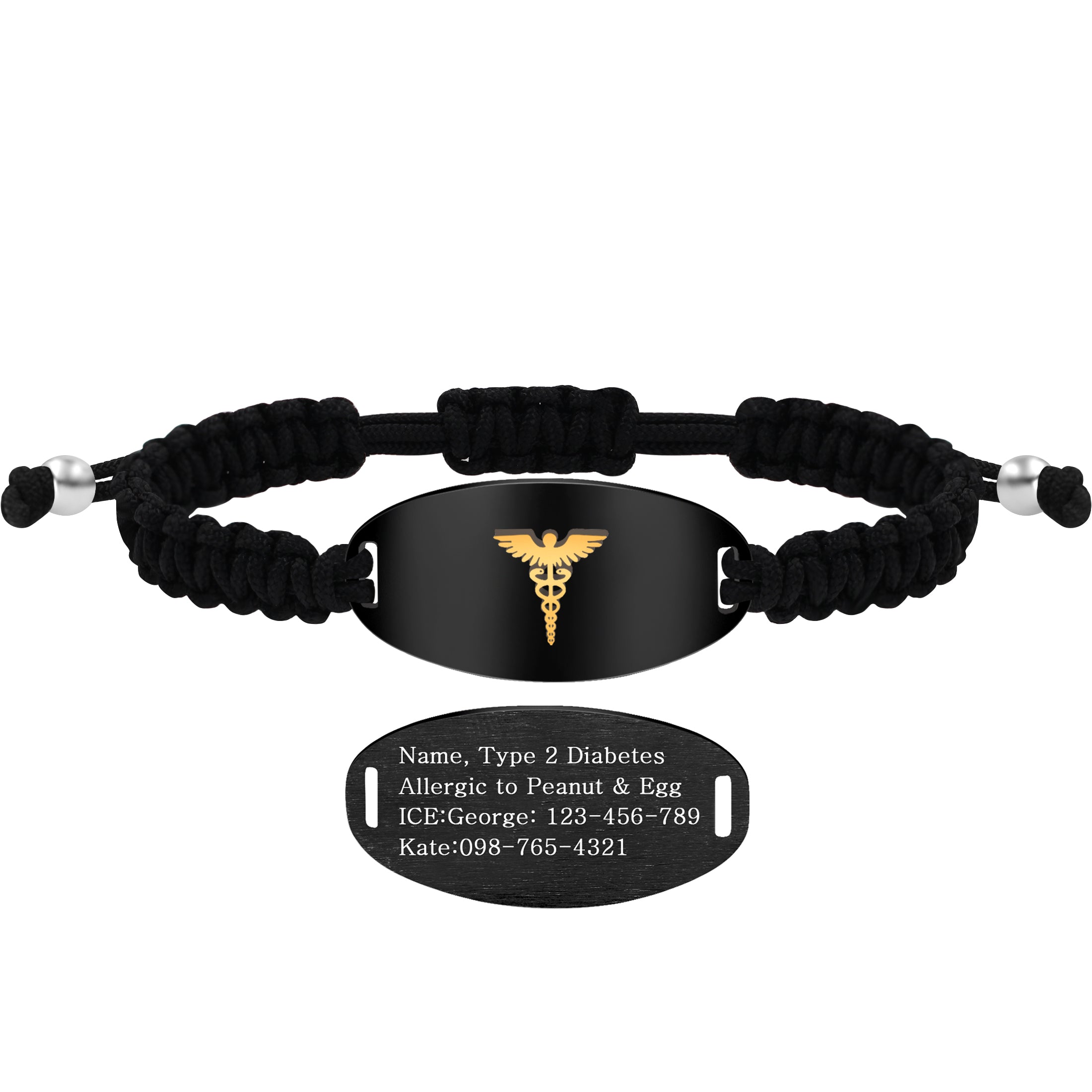 Uloveido Handwoven Medical Alert Bracelet with Dynamic QR Code or Laser Engraving Stainless Steel ID Plate Floating Golden Caduceus Adjustable Stretch Braided Rope Emergency ID for Men Women