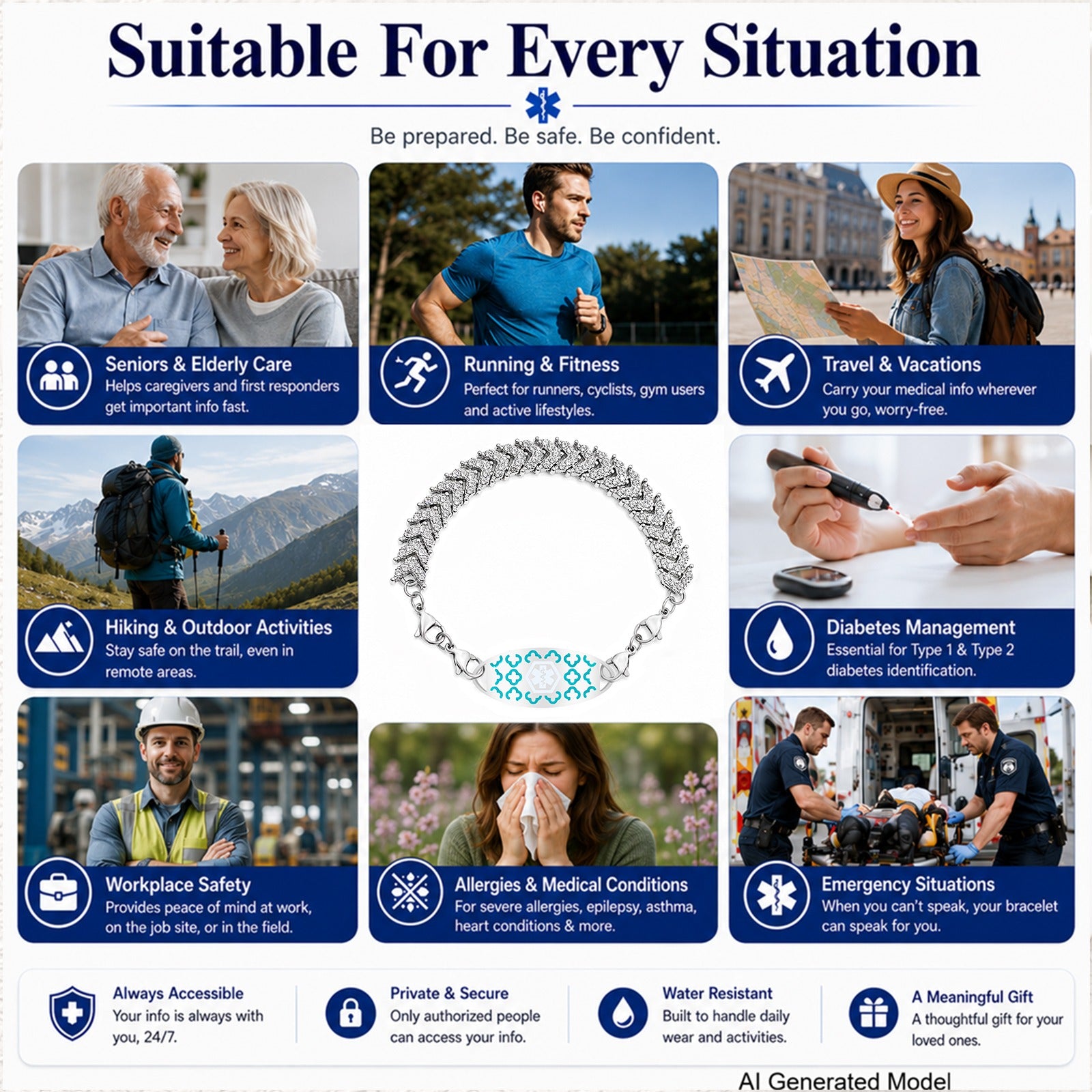 Medical Alert Tennis Bracelet for Women, Stainless Steel Emergency ID Bracelet, Adjustable Rhinestone Chain ID Jewelry for Allergies Diabetes Safety