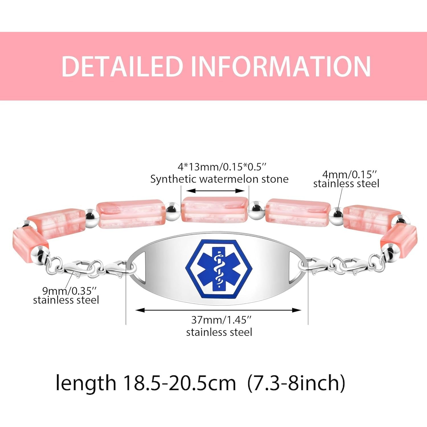 Dynamic QR Code Medical Alert Bracelet with Natural Stone Beads, Pink Stone Red Agate Black Agate White Turquoise, Stainless Steel Medical ID Bracelet, Double Lobster Clasp, No Engraving Required