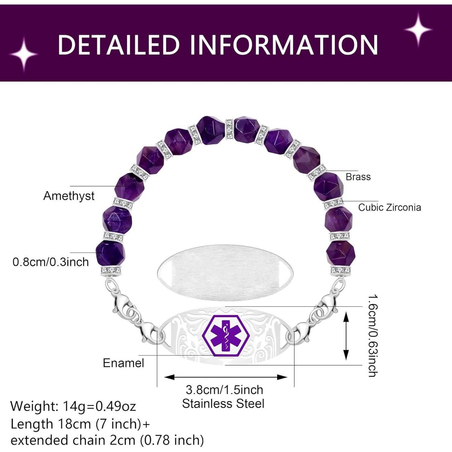 Dynamic QR Code Medical Alert Bracelet for Women, Faceted Purple Crystal Beads Medical ID Bracelet, Scan to Edit Health Info, Stainless Steel Interchangeable Medical Tag
