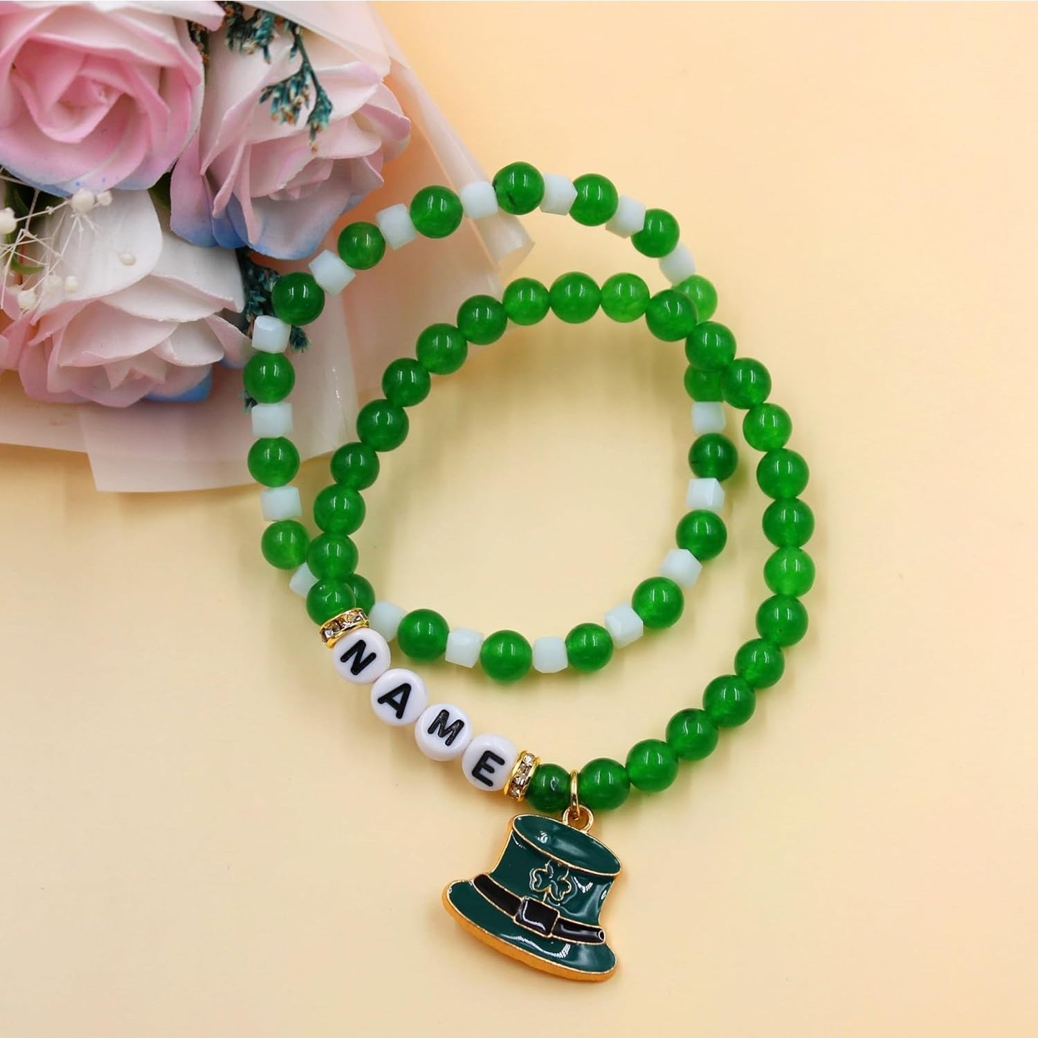St Patricks Day Green Beaded Bracelet for Women Girls, LUCKY IRISH BLESS Letter Options, Stretch Shamrock Leprechaun Hat Charm Bracelet, Irish Lucky Jewelry Gift