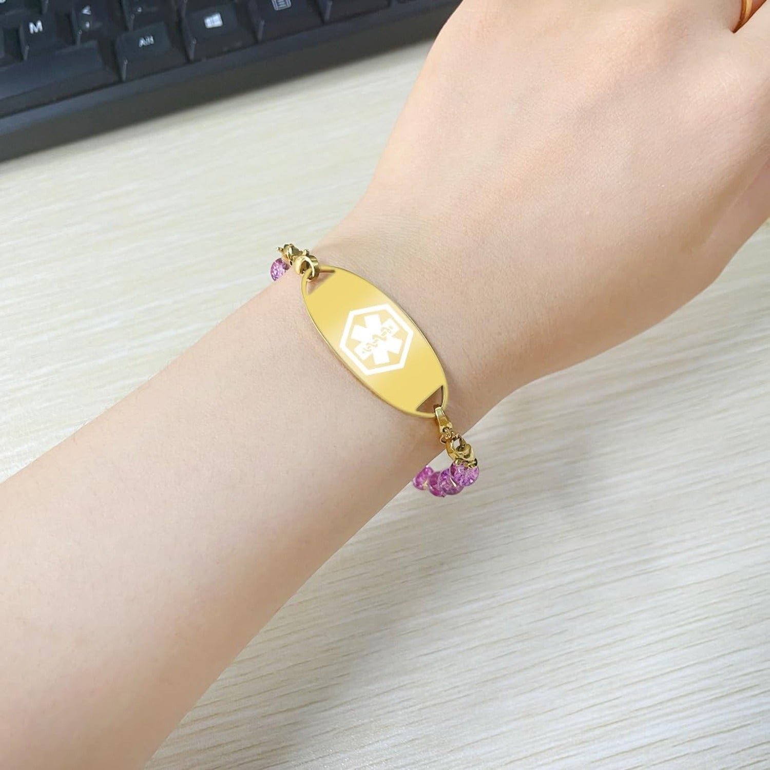 Stainless Steel Medical Alert Bracelet for Women 18K Gold Plated Tarnish Resistant | Laser Engraved or Dynamic QR Code ID Bracelet | Green Pink Purple Crack Bead Heart Adjustable Jewelry