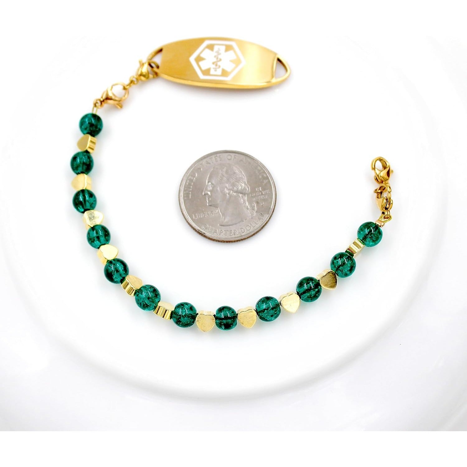 Stainless Steel Medical Alert Bracelet for Women 18K Gold Plated Tarnish Resistant | Laser Engraved or Dynamic QR Code ID Bracelet | Green Pink Purple Crack Bead Heart Adjustable Jewelry