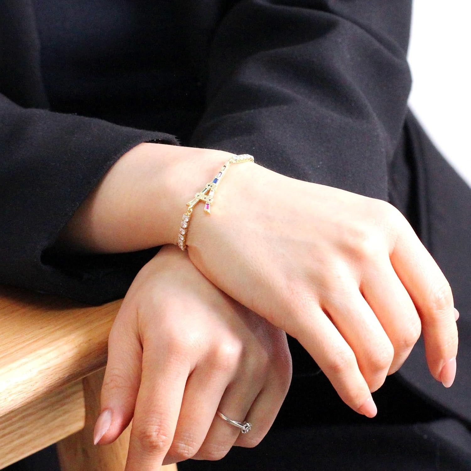 Elegant Eiffel Tower Tennis Bracelet with Multicolor CZ Charm, Golden Plated Adjustable Slider Chain Crystal Bracelet, Romantic Paris Jewelry Gift for Women Mom Daughter YA5691