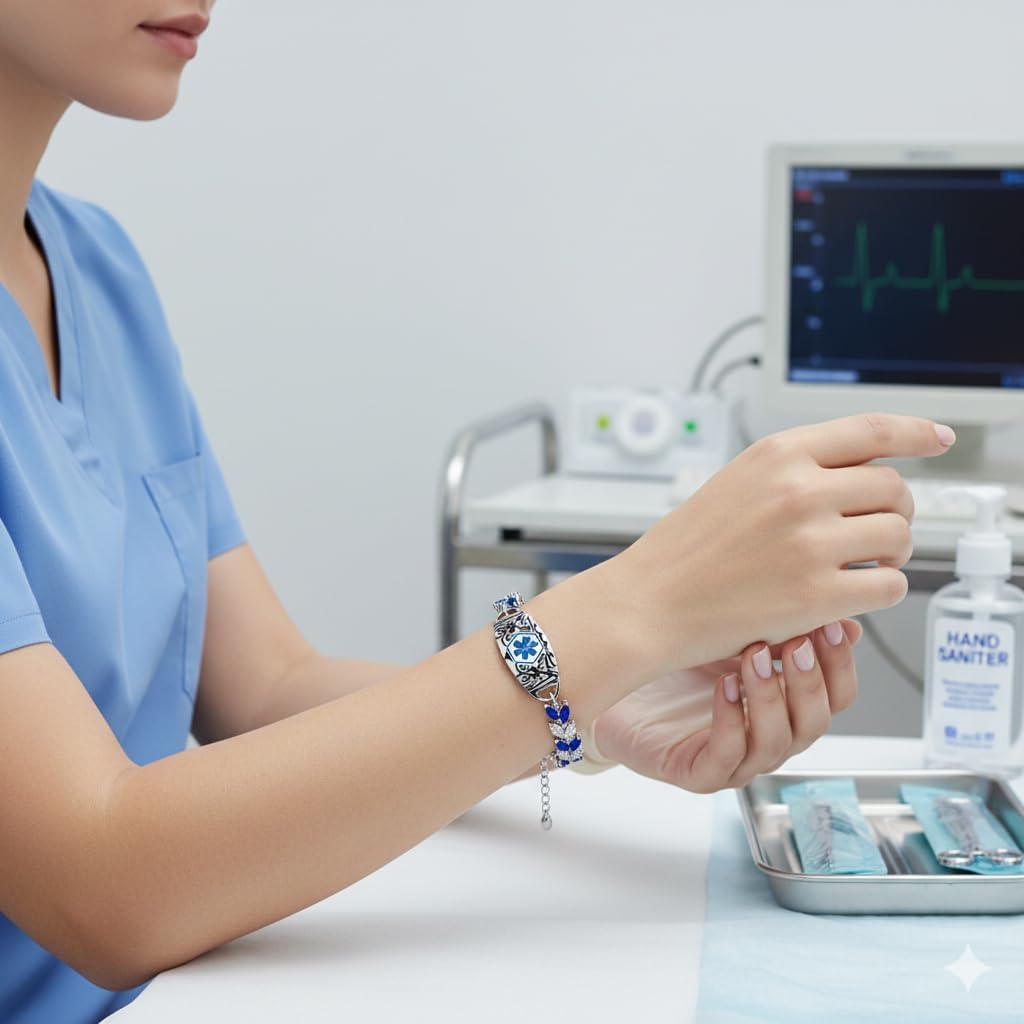 Dynamic QR Code Medical ID Bracelet for Women, Stainless Steel Copper CZ Medical Alert Jewelry, No Engraving Required, Scan to Update Health Info, Emergency Contact Allergy Bracelet