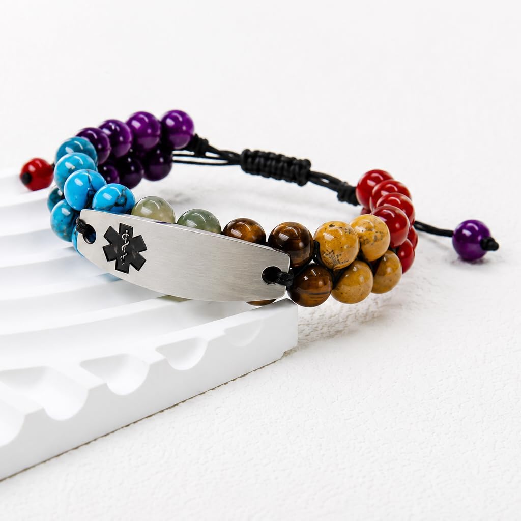 Zircobic 7 Chakra Stone Medical ID Bracelet for Women Personalized Engraved Stainless Steel Emergency Alert Bracelet Adjustable Braided Rope Healing Crystal Medical Alert Jewelry for Diabetes Allergy Epilepsy