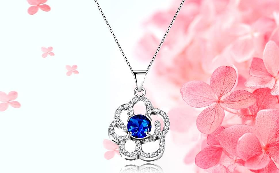 Womens Sterling Silver Blue Corundum Sapphire Birthstone Pendant Sakura Flower Design Elegant Costume Necklace FN402