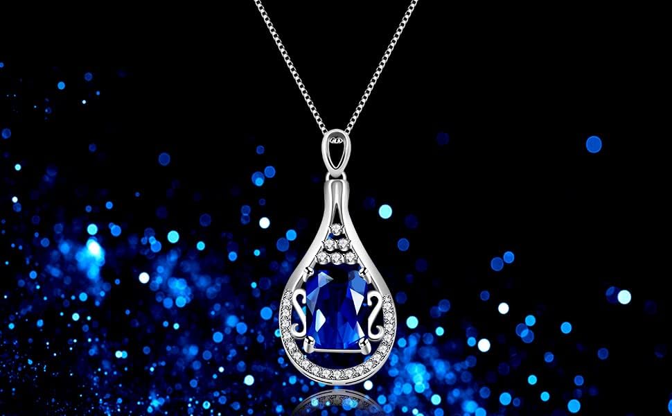 Uloveido September Birthstone Blue Corundum Sapphire Necklace Pendant Sterling Silver for Women with Cubic Zirconia