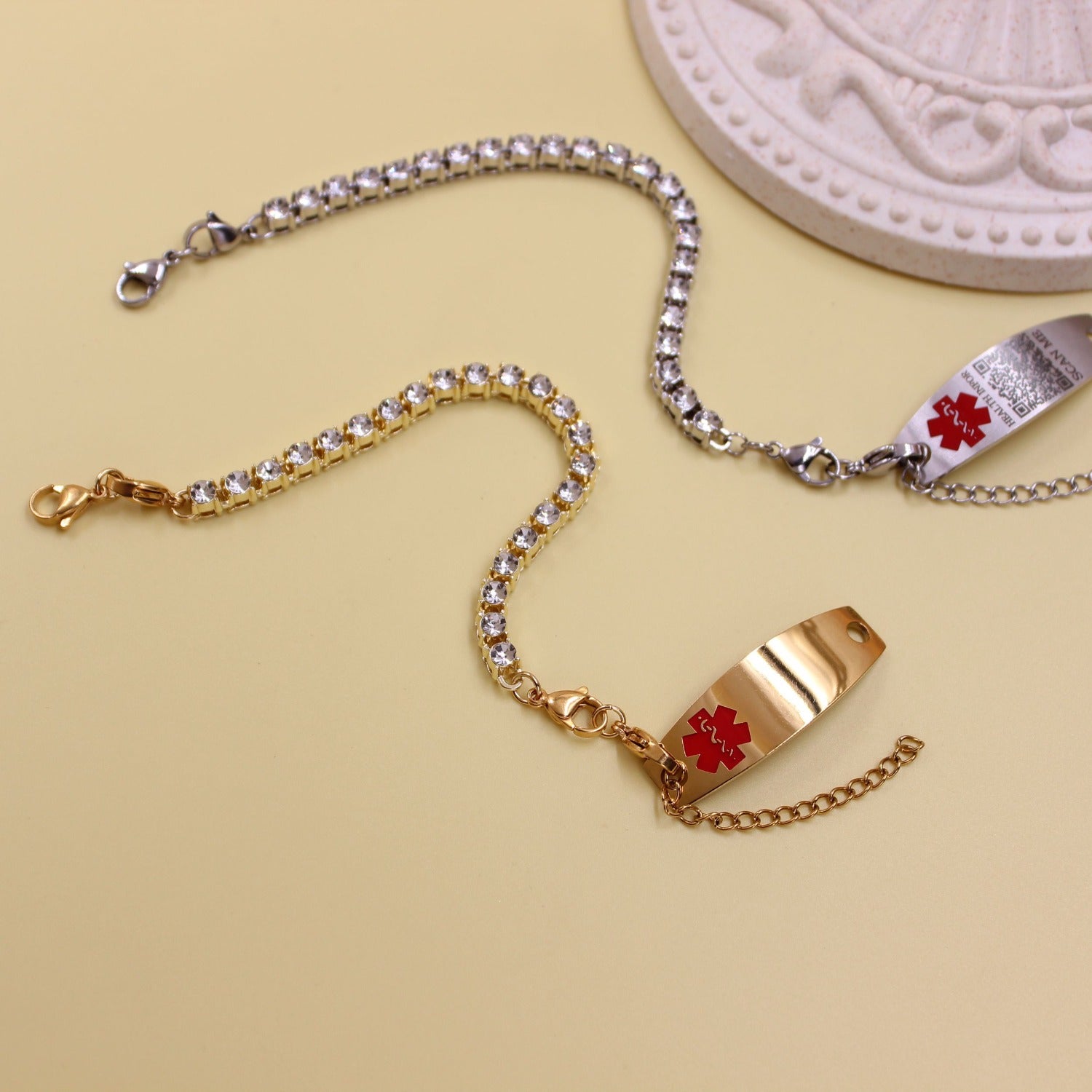 Editable QR Code Medical Alert Bracelet, 18K Gold Plated Stainless Steel Rhinestone Emergency ID Bracelet with Red Medical Symbol, Double Lobster Clasp, Scan to Update Health Info