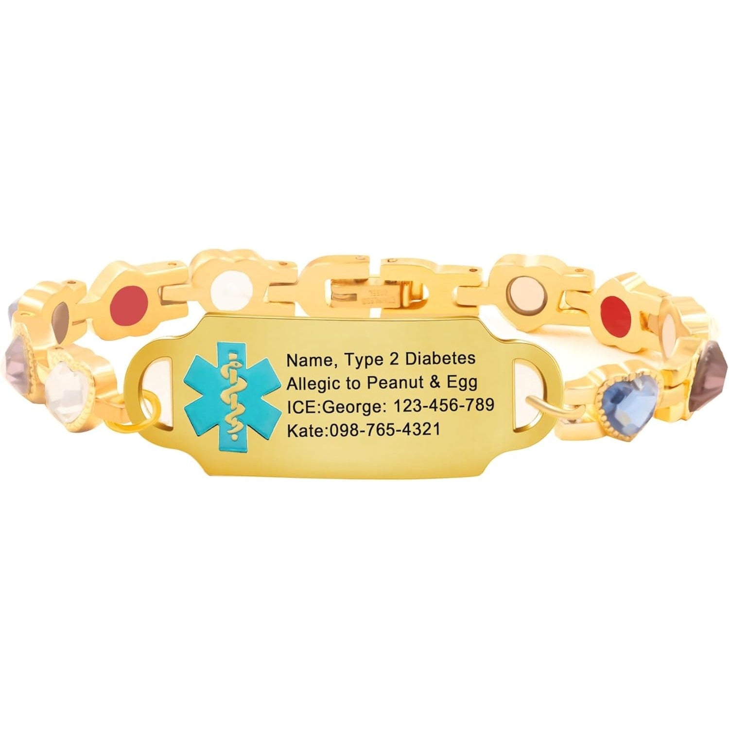 Dynamic QR Code Medical Alert Bracelet for Women, 18K Gold Plated Stainless Steel Medical ID Bracelet with HeartShaped Colorful Zircon Stones, Scan to Update Medical Information, Adjuster Included