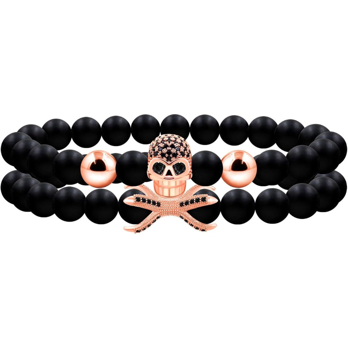 Men’s Elastic Skull Bracelet 2 Piece Set | 8mm Black Obsidian Beaded Skeleton Bracelet | Healing Energy Jewelry Gift for Him