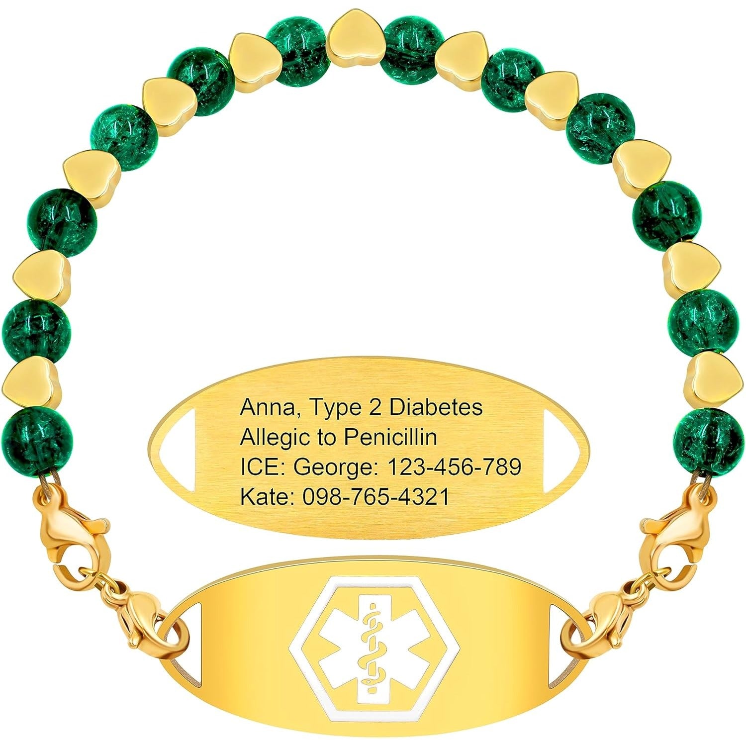 Stainless Steel Medical Alert Bracelet for Women 18K Gold Plated Tarnish Resistant | Laser Engraved or Dynamic QR Code ID Bracelet | Green Pink Purple Crack Bead Heart Adjustable Jewelry