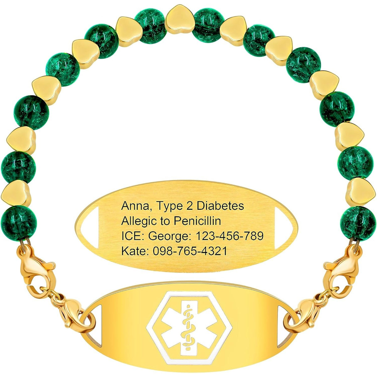 Stainless Steel Medical Alert Bracelet for Women 18K Gold Plated Tarnish Resistant | Laser Engraved or Dynamic QR Code ID Bracelet | Green Pink Purple Crack Bead Heart Adjustable Jewelry
